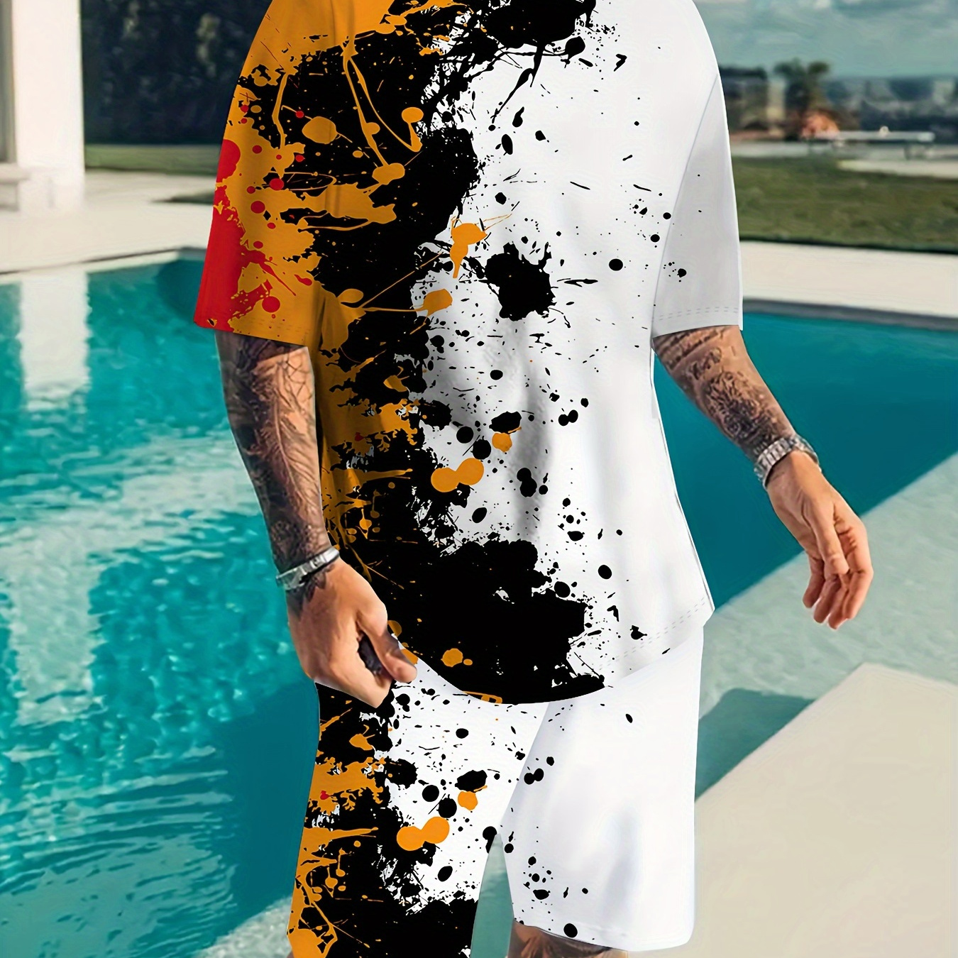 

Plus Size Men'outfit, Color Matching Casual Crew Neck Short Sleeve T-shirt & Drawstring Shorts 2-piece Set For Summer Outdoor Activities