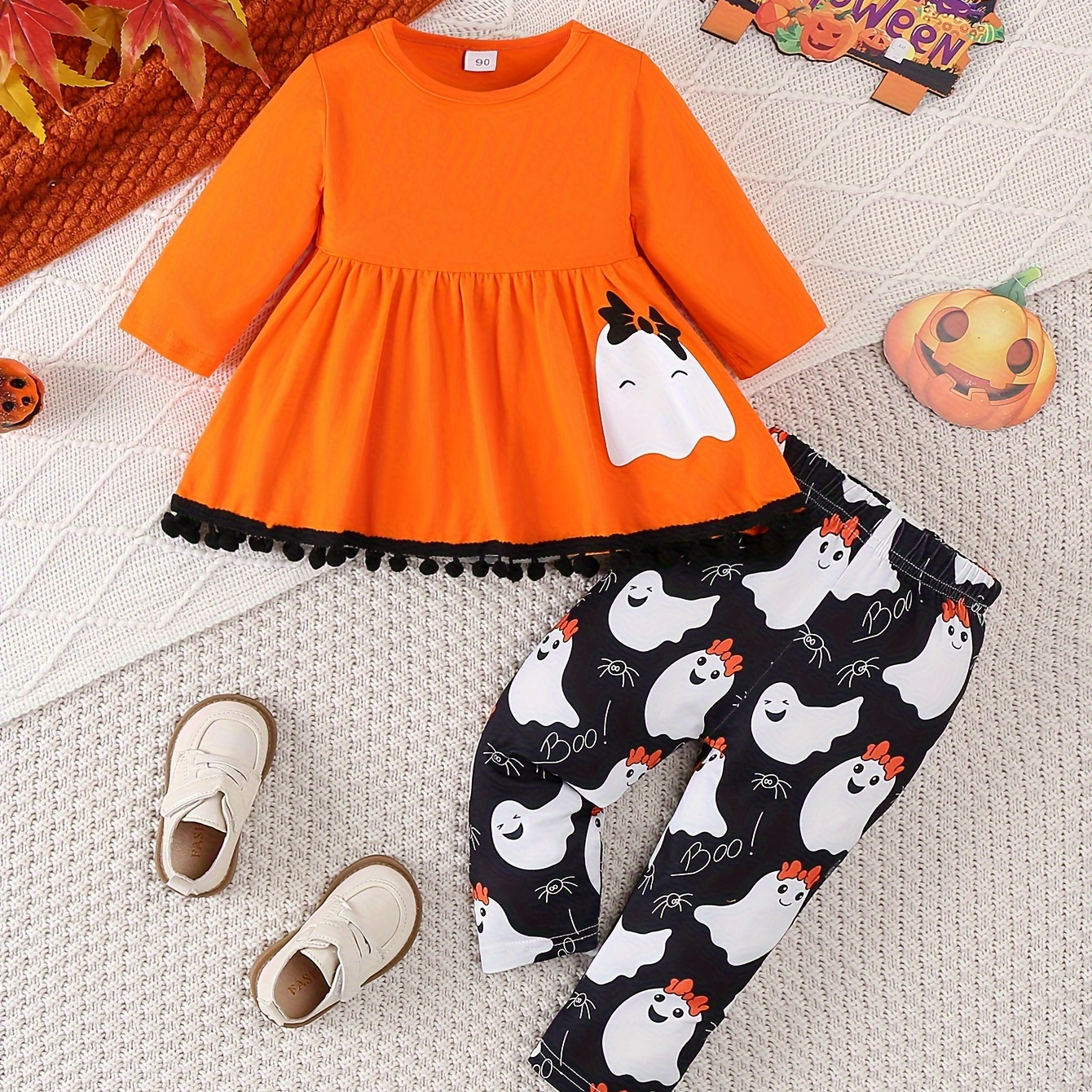 

2pcs 's Pom-pom Long Peplum Top + Pattern Pants, Toddler & Infant Girl's Clothing Set, Cloth