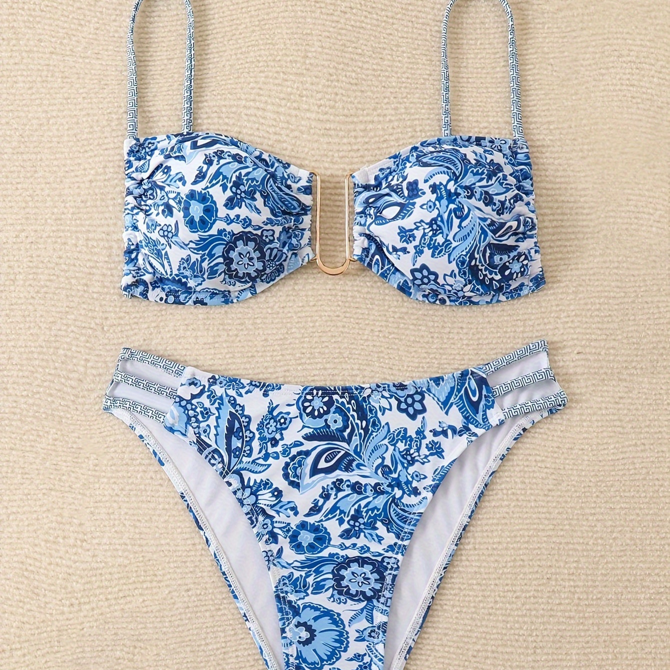 

2-piece Women's Bikini Set, Porcelain Print, Beach Swimwear With Underwire Support, Summer Bathing Suit