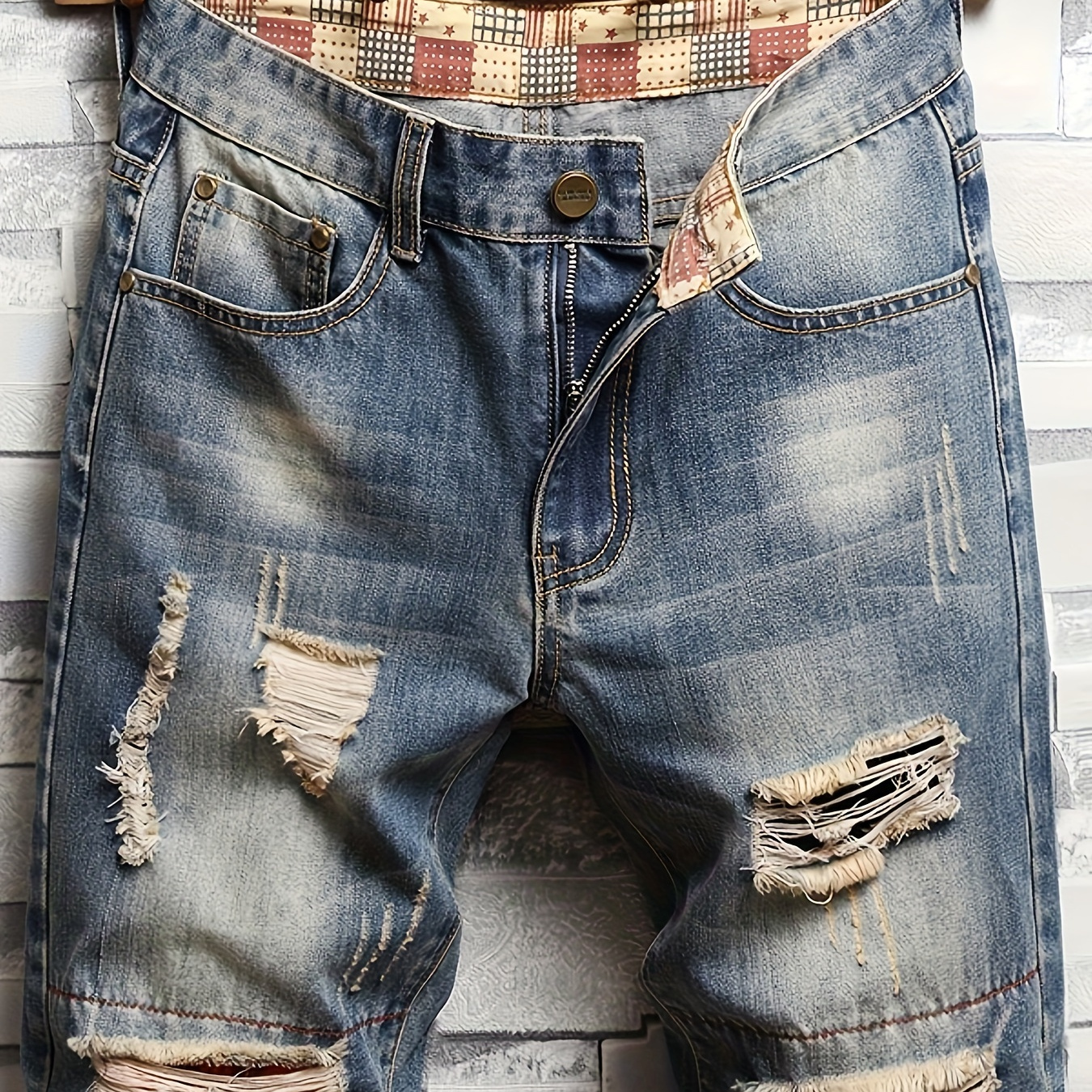 

Men's Casual Stylish Ripped Denim Shorts, Knee-length Jorts With Pockets, Summer Street Style Fashion