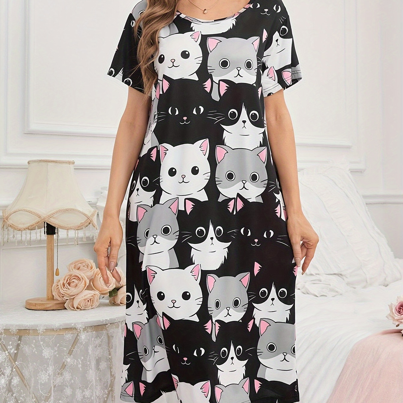 

Cute Cat Print Lounge Dress, Short Sleeve Round Neck Tee Dress, Women's Loungewear