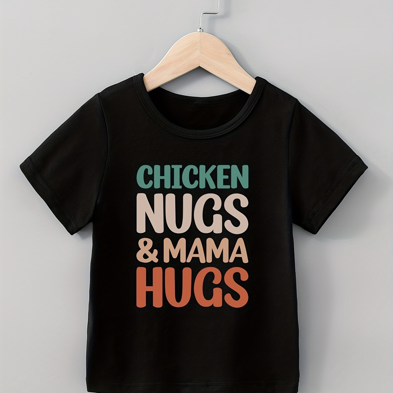 

Rainbow Chicken Nugs And Mama Hugs Letter Print Boys Creative T-shirt, Casual Lightweight Comfy Short Sleeve Crew Neck Tee Tops, Kids Clothings For Summer