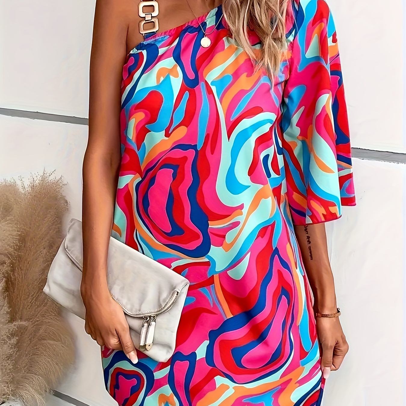 

Abstract Print Chain Detail Dress, Vacation Style Asymmetrical Loose Dress For Spring & Fall, Women's Clothing