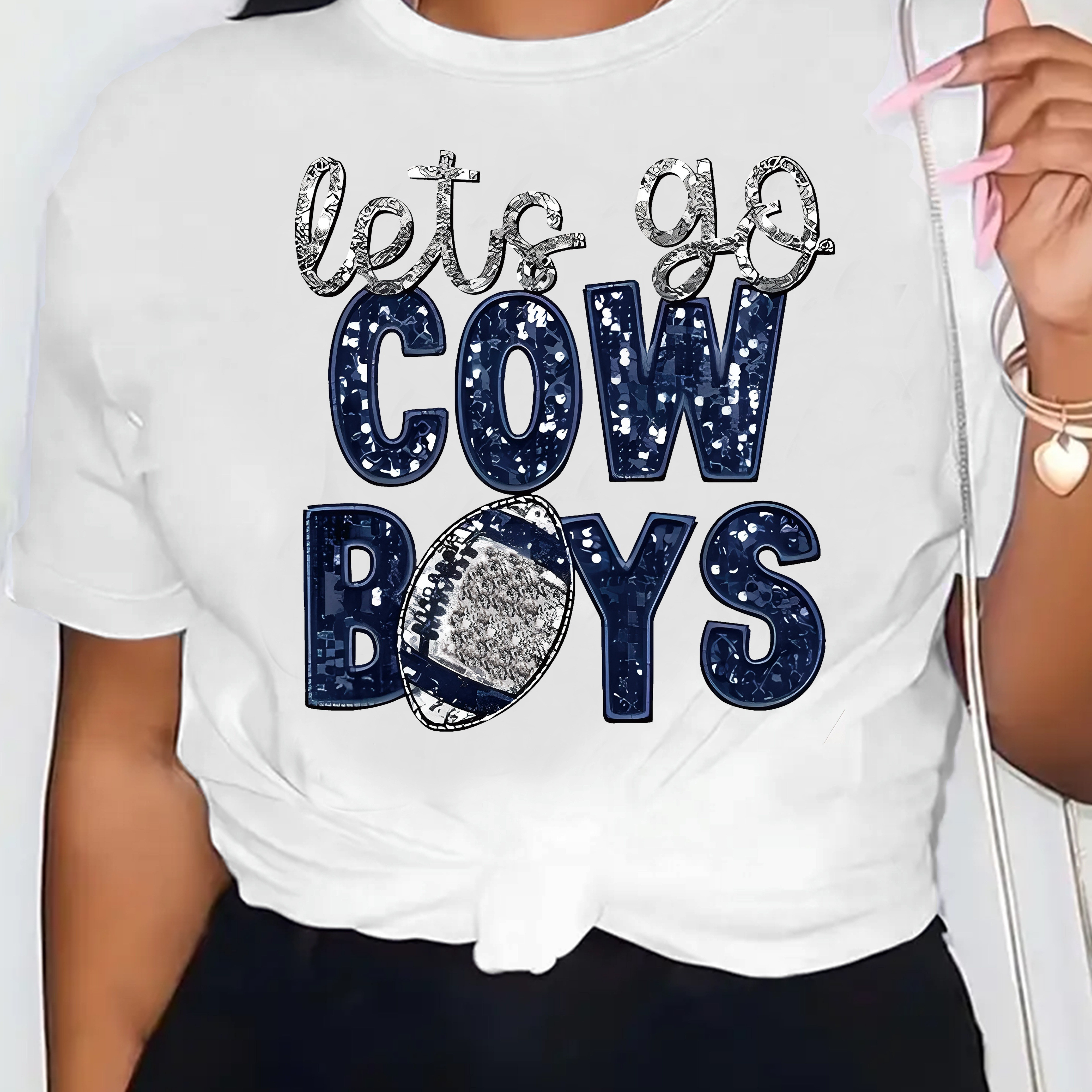 

Cowboy & Football Print Crew Neck T-shirt, Casual Short Sleeve T-shirt For Spring & Summer, Women's Clothing