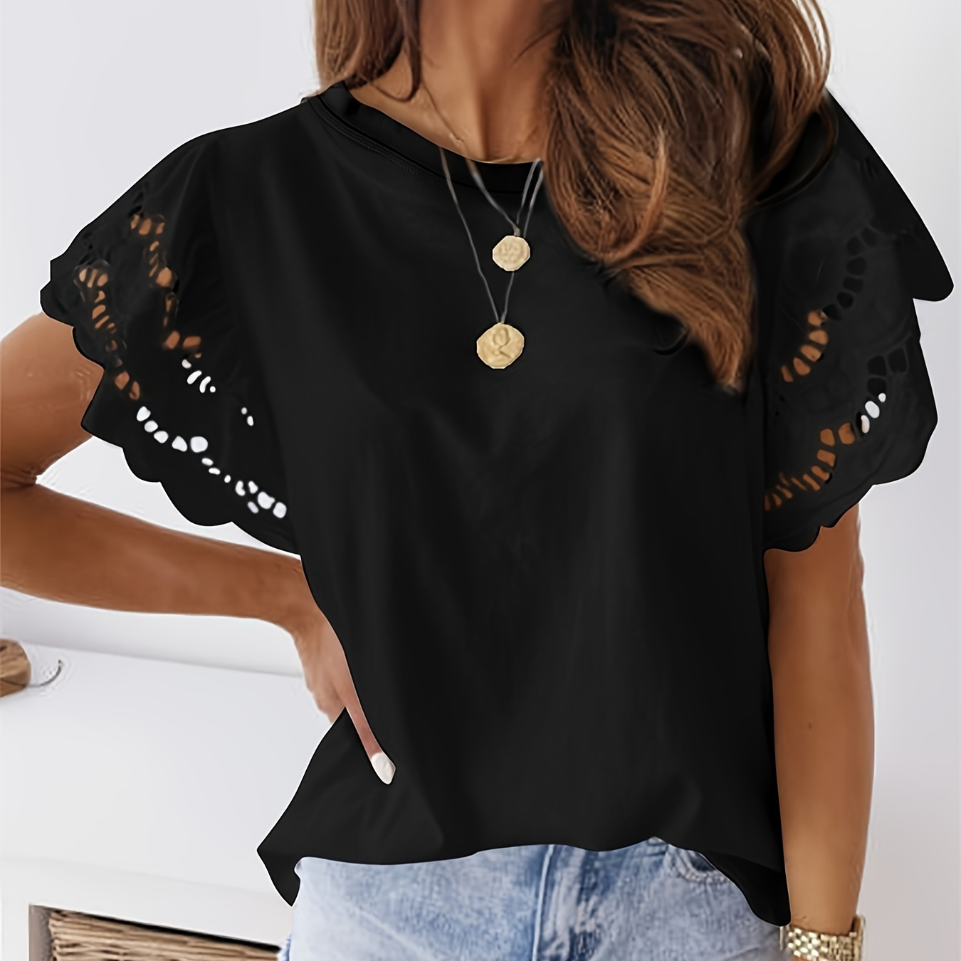

Flutter Sleeve Crew Neck T-shirt, Casual Solid Color Eyelet Top For Spring & Summer, Women's Clothing