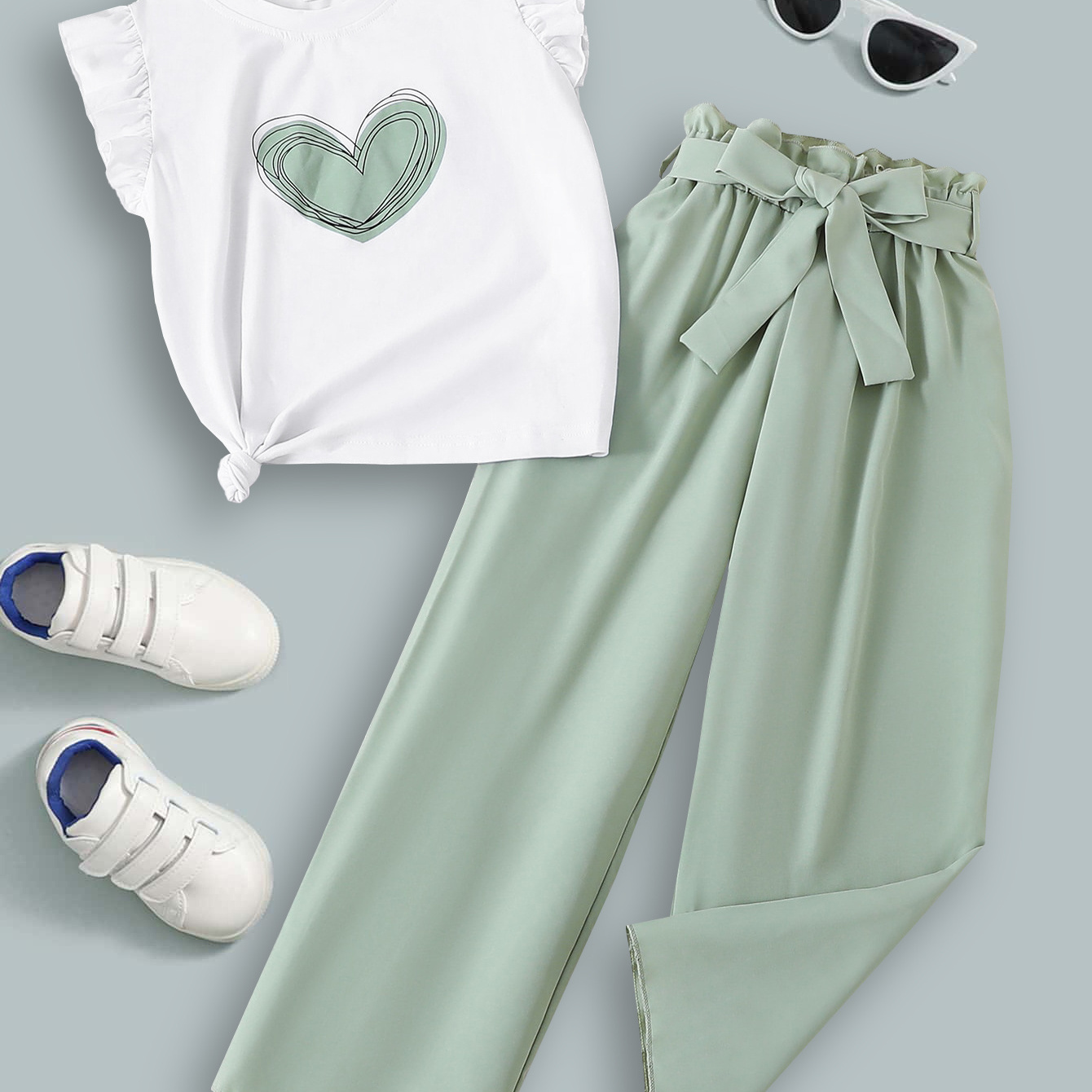 

Girls Stylish & Casual Outfit, 2pcs Doodled Heart Graphic Print Ruffle Trim Tee & Belted Wide-leg Pants For Summer