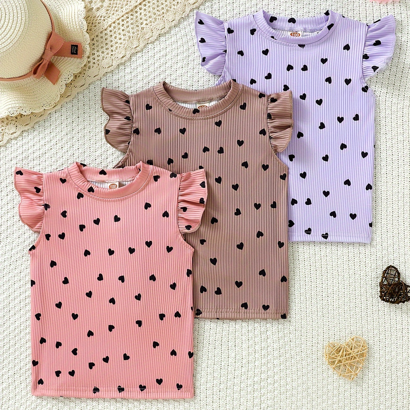 

3pcs, Girls Versatile Heart Graphic Flutter Trim Sleeveless T-shirt Set Casual Tees For Summer Gift Party