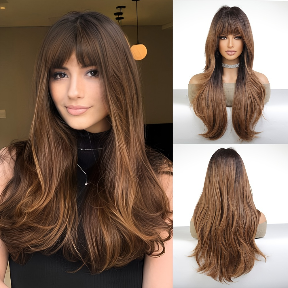 

Long Wavy Butterfly Haircut Wig With Ombre Brown And Bangs - Heat Resistant Synthetic Wig For Daily And Party Wear