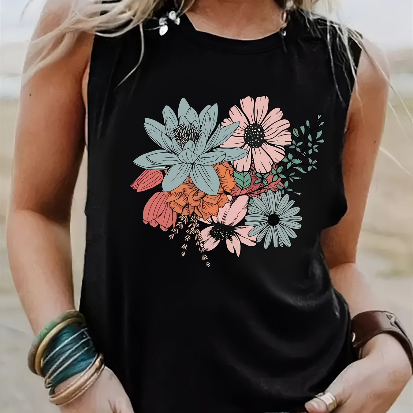 

Plus Size Floral Print Tank Top, Casual Sleeveless Crew Neck Top For Summer & Spring, Women's Plus Size Clothing