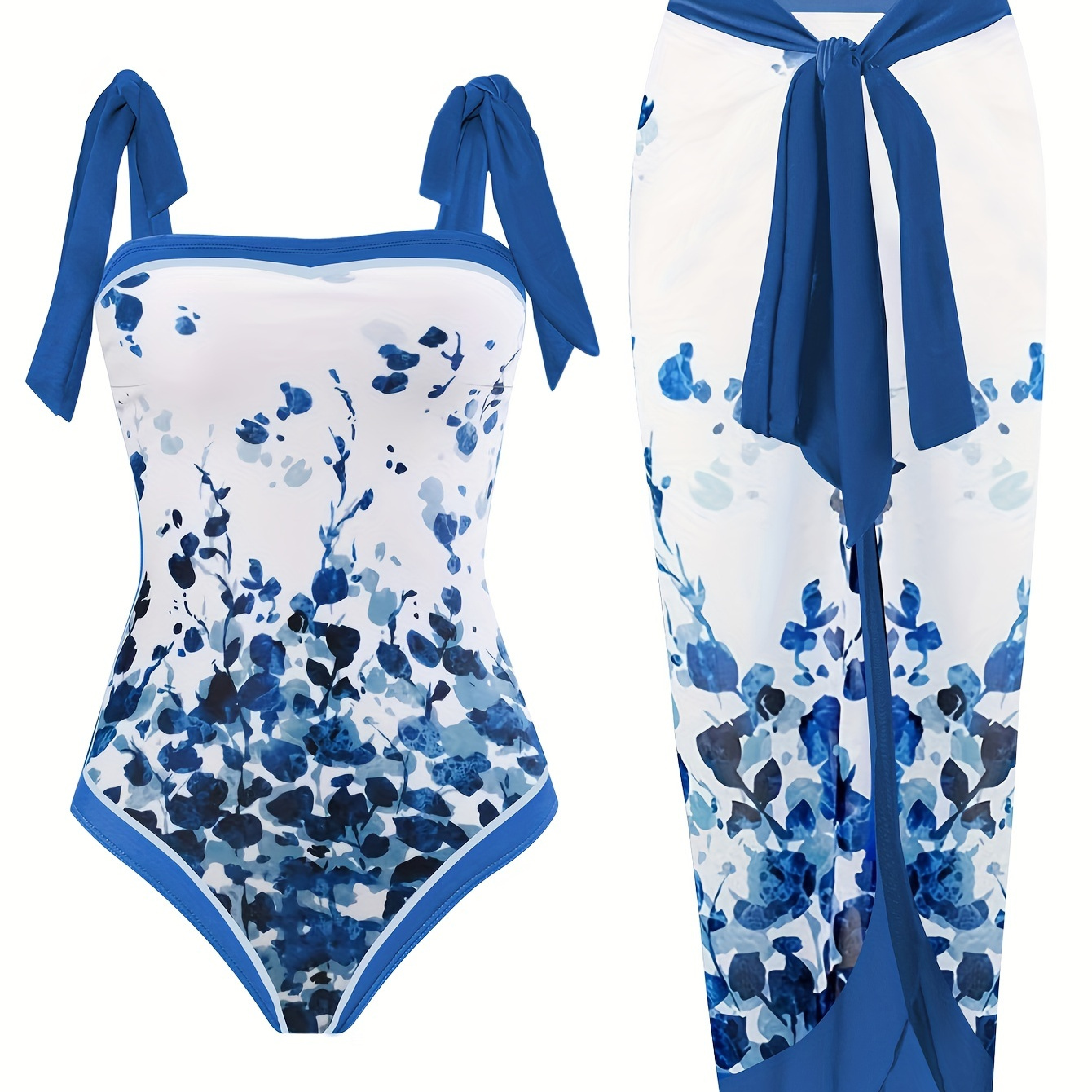 

Plus Size Retro Tankini Set, Women's Plus Floral Print Tie Shoulder Swimsuit & Wrap Skirt Tankini 2 Piece Set