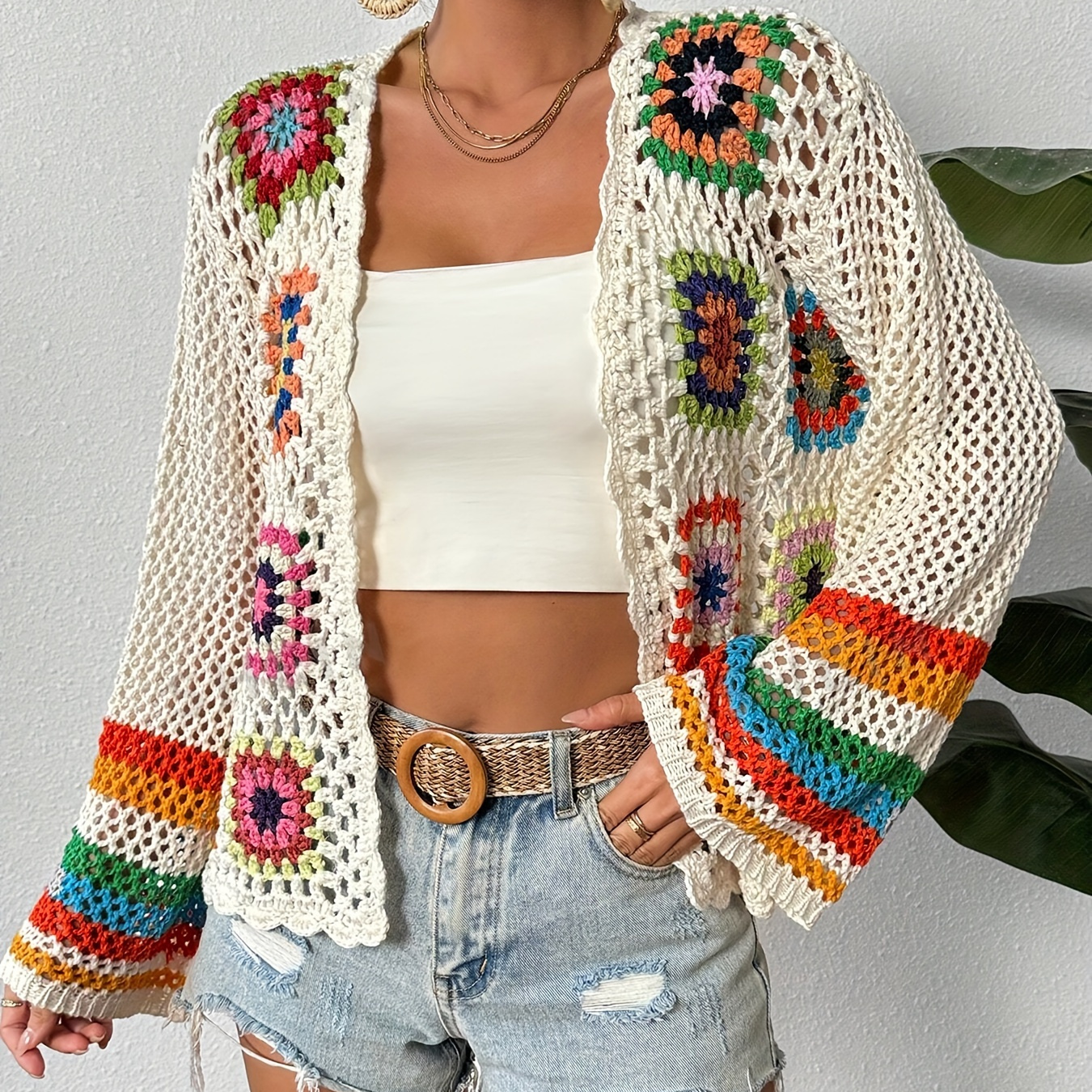 

Crochet Open Front Cardigan, Casual Long Sleeve Hollow Out Cardigan For Spring & Fall, Women's Clothing