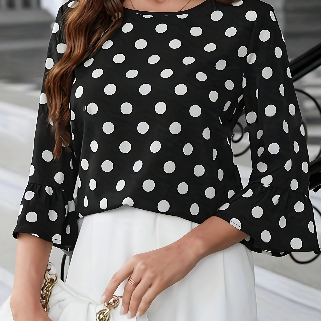 

Polka-dot Print Crew Neck Blouse, Casual 3/4 Flare Sleeve Top For Spring & Summer, Women's Clothing