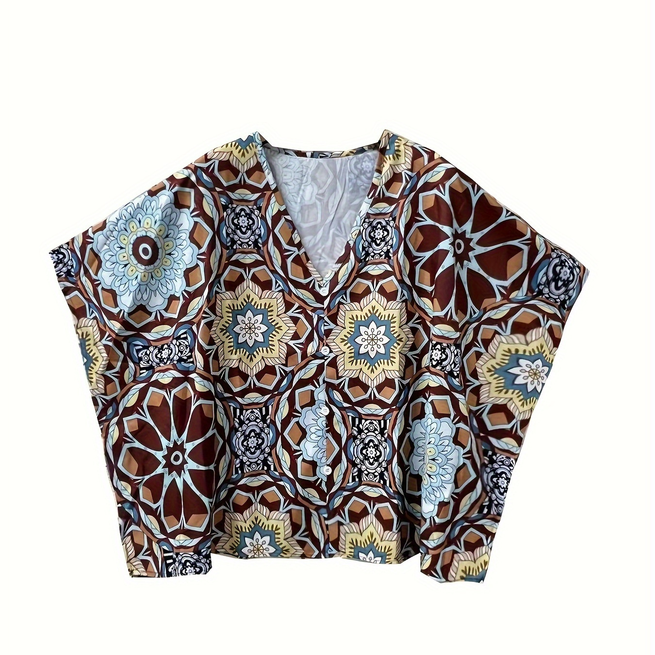 

Floral Print V Neck Blouse, Elegant Batwing Sleeve Top For Spring & Summer, Women's Clothing