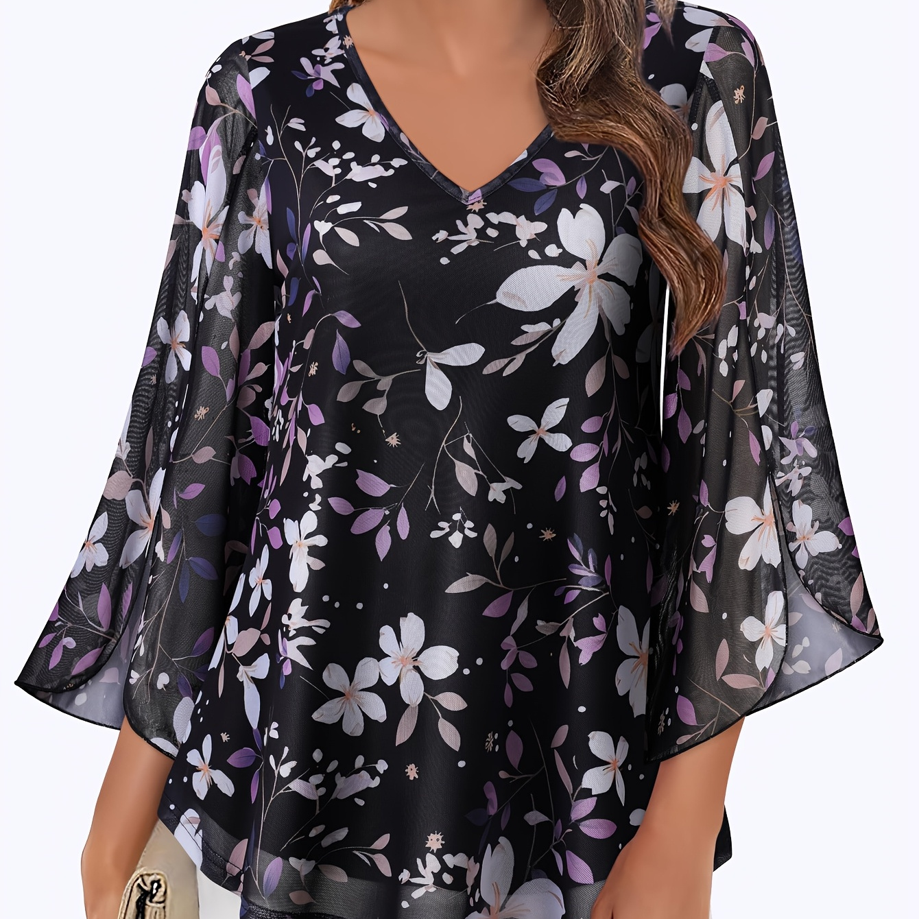 

Women's Elegant Floral Print Mesh Blouse With Ruffle 3/4 Sleeves - V-neck, Double Layered, Loose Fit Tunic Top For Spring/summer, Green With Flowers, Plus Size Blouses