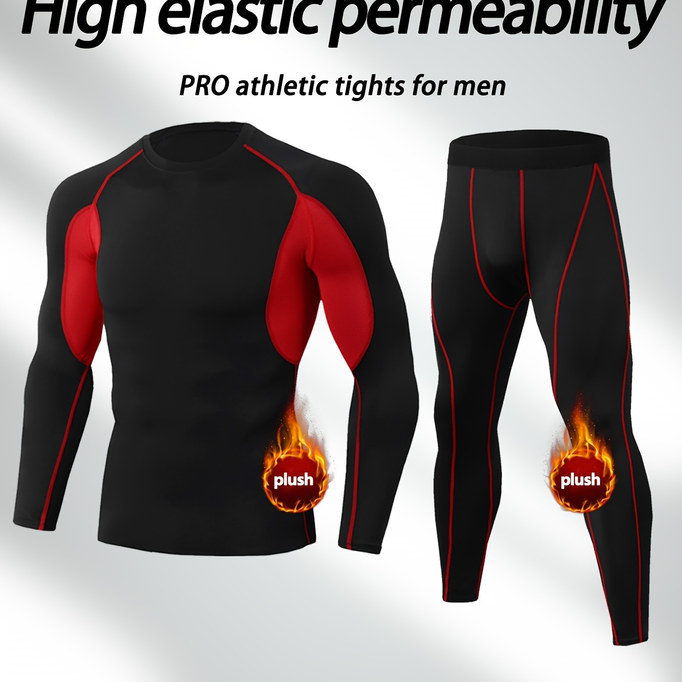 

2 Pcs Men's Contrast Color Thermal Base Layer Set - Moisture-wicking & Breathable Basic Long Sleeve & Leggings - Perfect For Running And Fitness