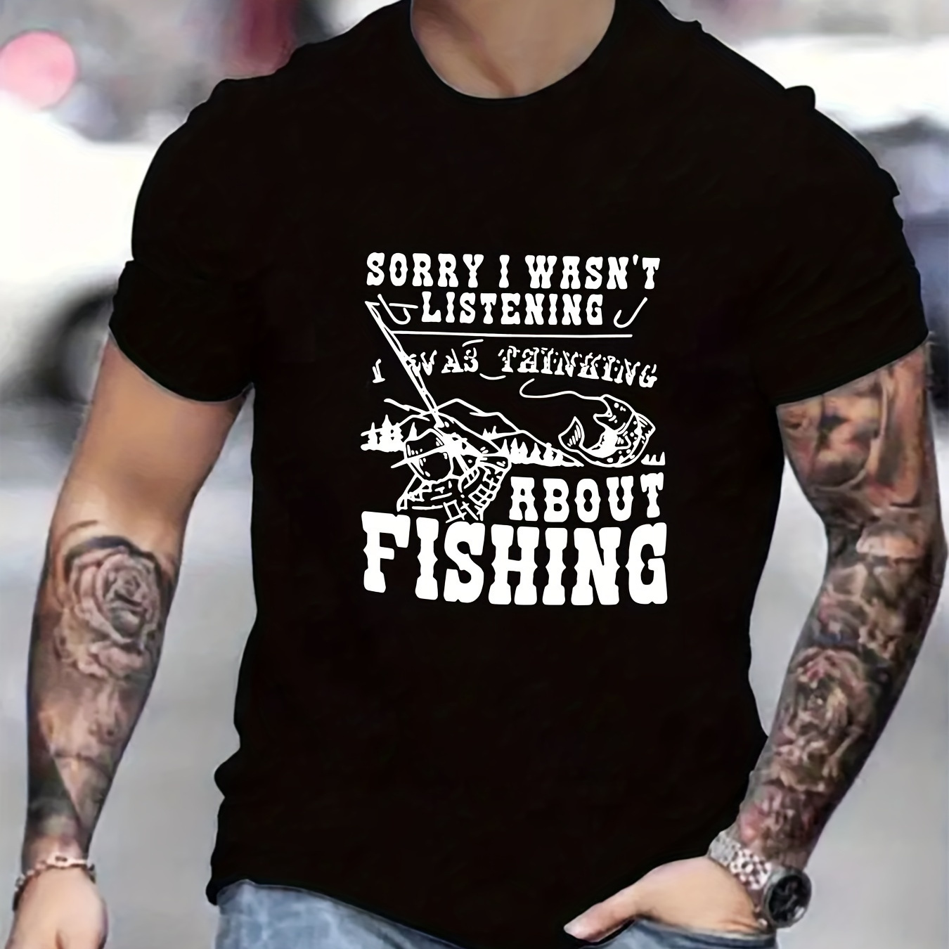 

Thinking About Fishing Print T Shirt, Tees For Men, Casual Short Sleeve T-shirt For Summer