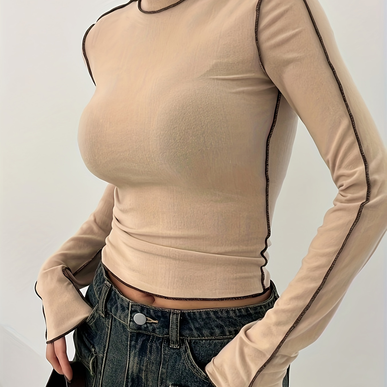 

T- à col contrastant, Élégant T- à longues le et , Vêtements femmes