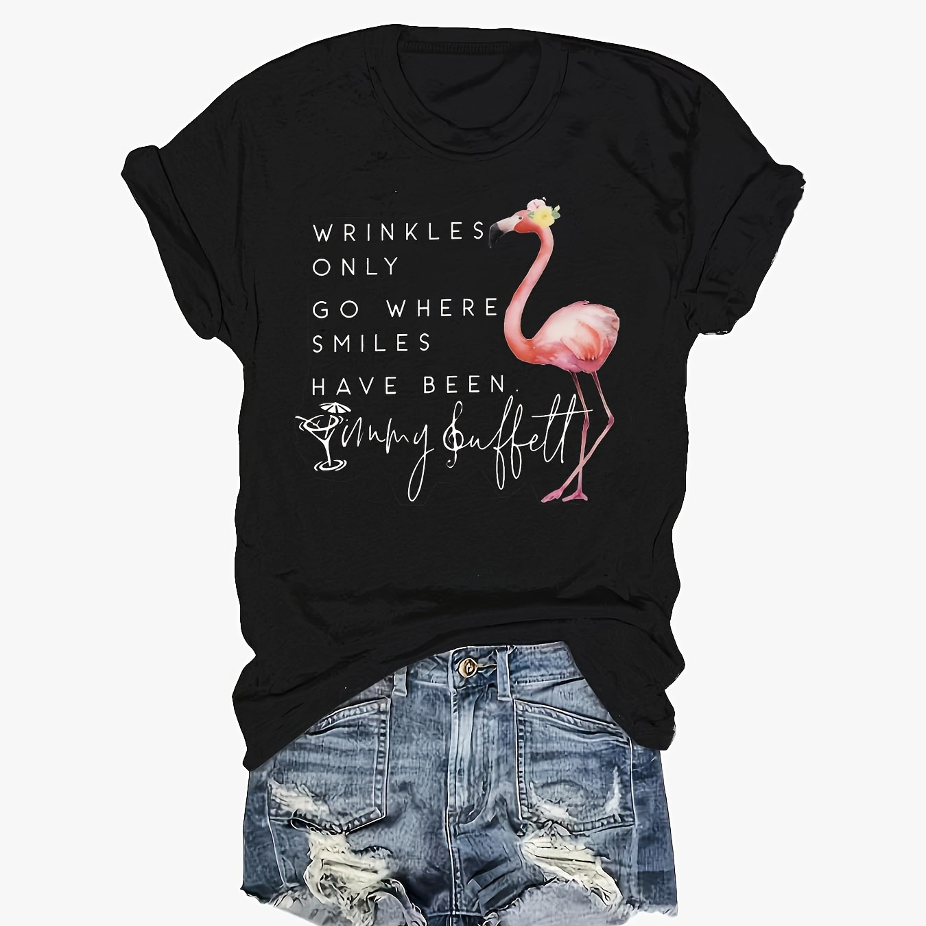 Letter & Flamingo Print T-shirt, Casual Crew Neck Short Sleeve Top For  Spring & Summer, Women's Clothing