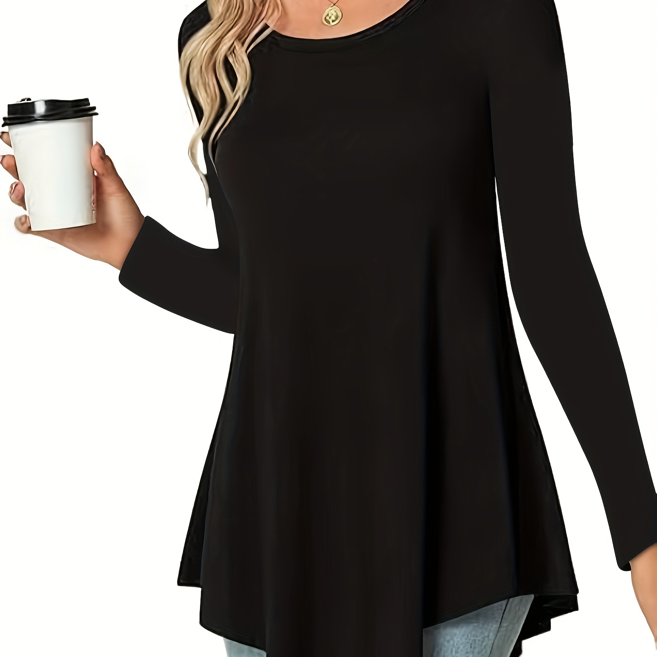 

Asymmetrical Hem Crew Neck T-shirt, Elegant Long Sleeve T-shirt For Spring & Fall, Women's Clothing