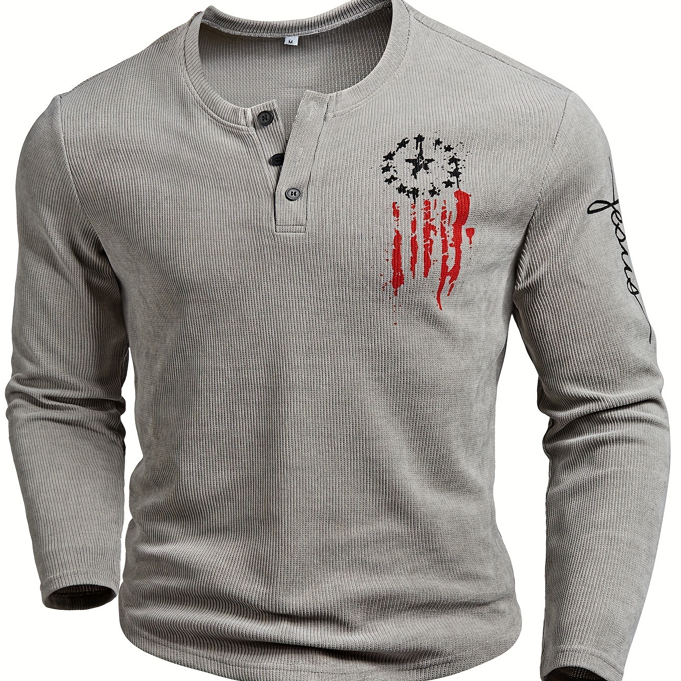 

Men's Autumn And Winter Independence Day Theme Fashion Knit Long Sleeve Henley Shirt, Chic And Stylish Tops For Casual And Daily Outerwear