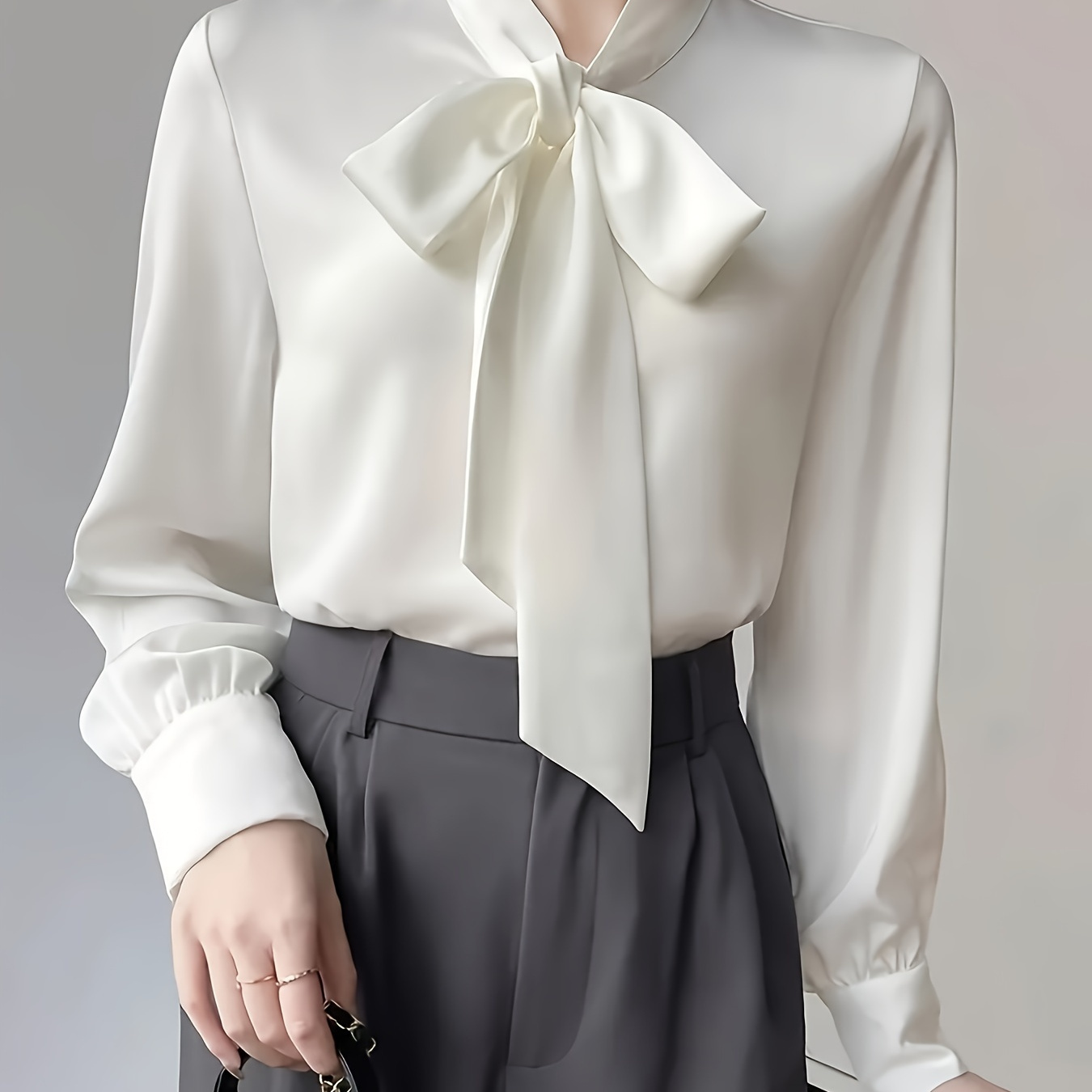 

1pc Elegant Women's Long Sleeve Shirt With Tie-neck Ribbon Detail - Solid Color Polyester (100% Polyester) Blouse For Spring/summer - Adult Casual Office Wear