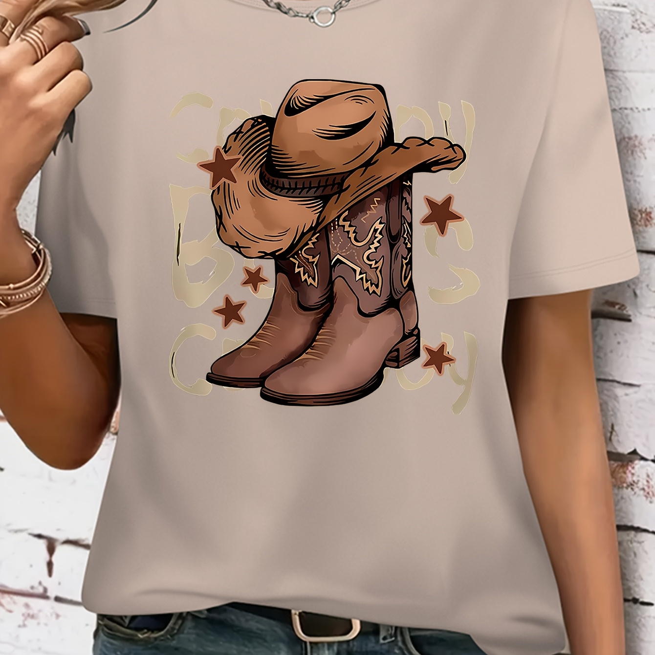 

Women's Western Cowboy Graphic T-shirt, Short Sleeve Crew Neck Casual Top, Polyester 95% Spandex 5% Knit Fabric, Medium Stretch, All Season Pullovers, Regular Fit, 180gsm - Summer & Spring Fashion