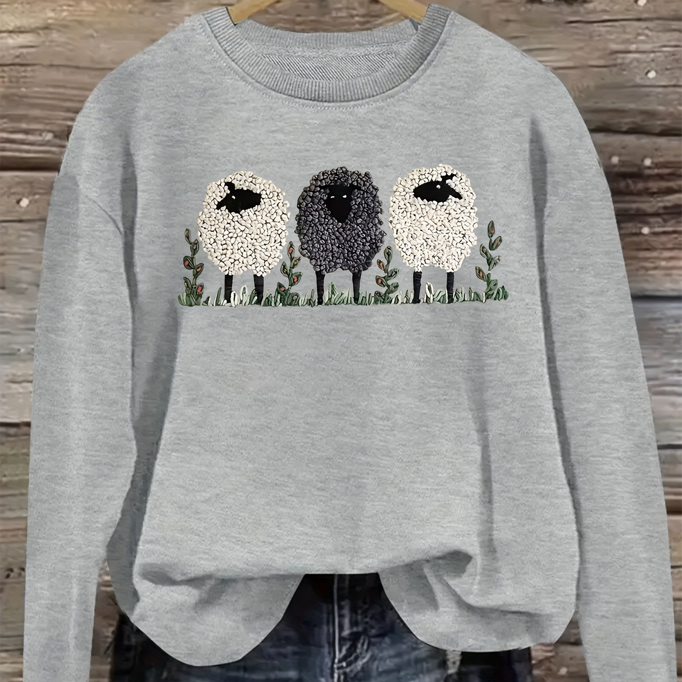 

Sheep Print Pullover Sweatshirt, Casual Long Sleeve Crew Neck Sweatshirt For Fall & Winter, Women's Clothing