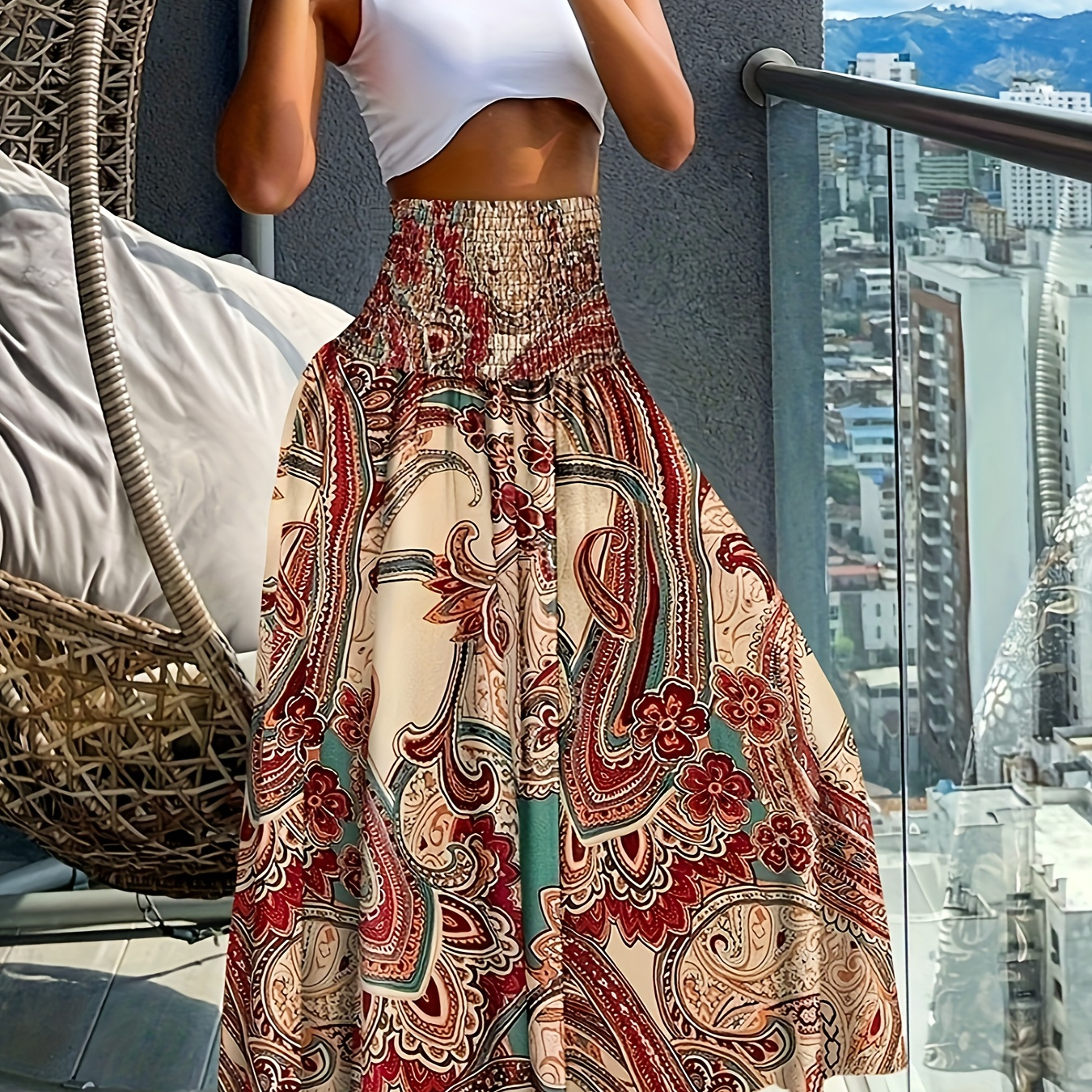 

Paisley Print Shirred Waist Skirt, Boho High Waist A-line Skirt For Spring & Summer, Women's Clothing