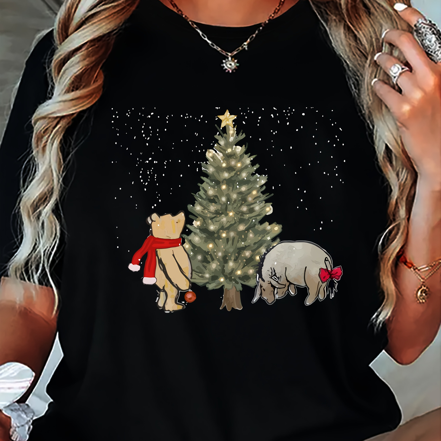 

Women's Christmas Themed Graphic T-shirt, Casual Crew Neck, Polyester Knit Fabric, Regular Length, With Bear And Hippo Design, For All