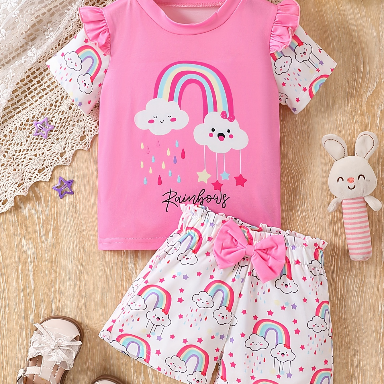 

2pcs Toddler's Rainbows Print Summer Set, T-shirt & Bowknot Decor Shorts, Baby Girl's Clothing