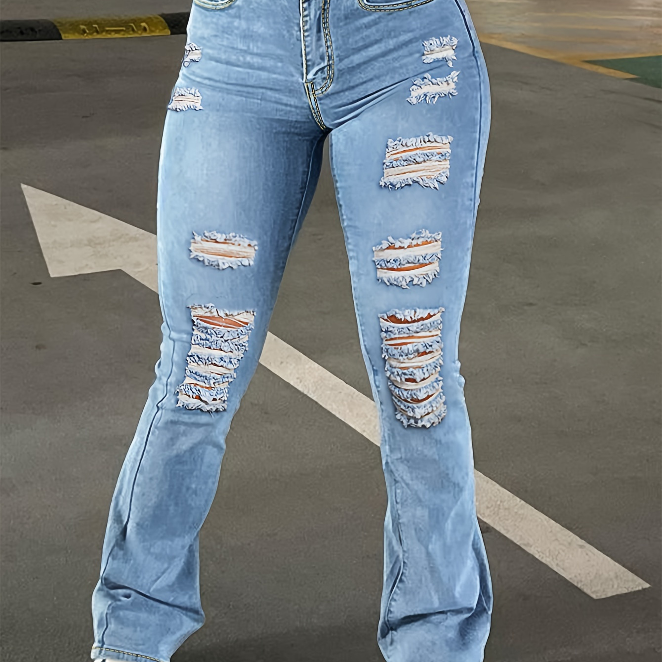 Ripped Holes Washed Flare Jeans High Stretch Slant Pockets - Temu