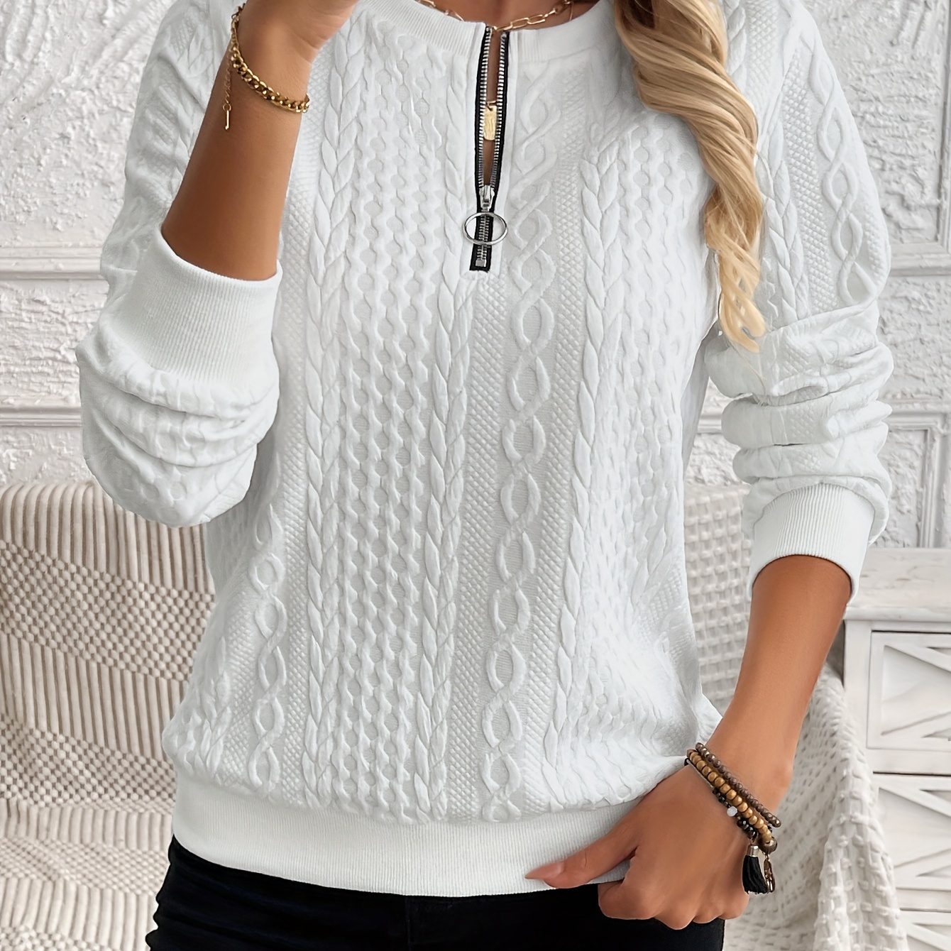 

Cable Texture Zip Sweatshirt, Long Pullover Sweatshirt For Fall & , Women's Clothing