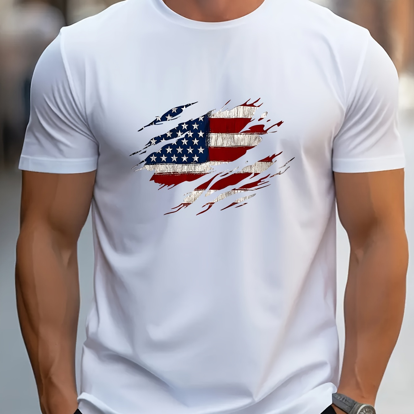 

Creative Usa Flag Graphic Print Crew Neck Short Sleeve T-shirt For Men, Casual Summer T-shirt For Daily Wear And Vacation Resorts