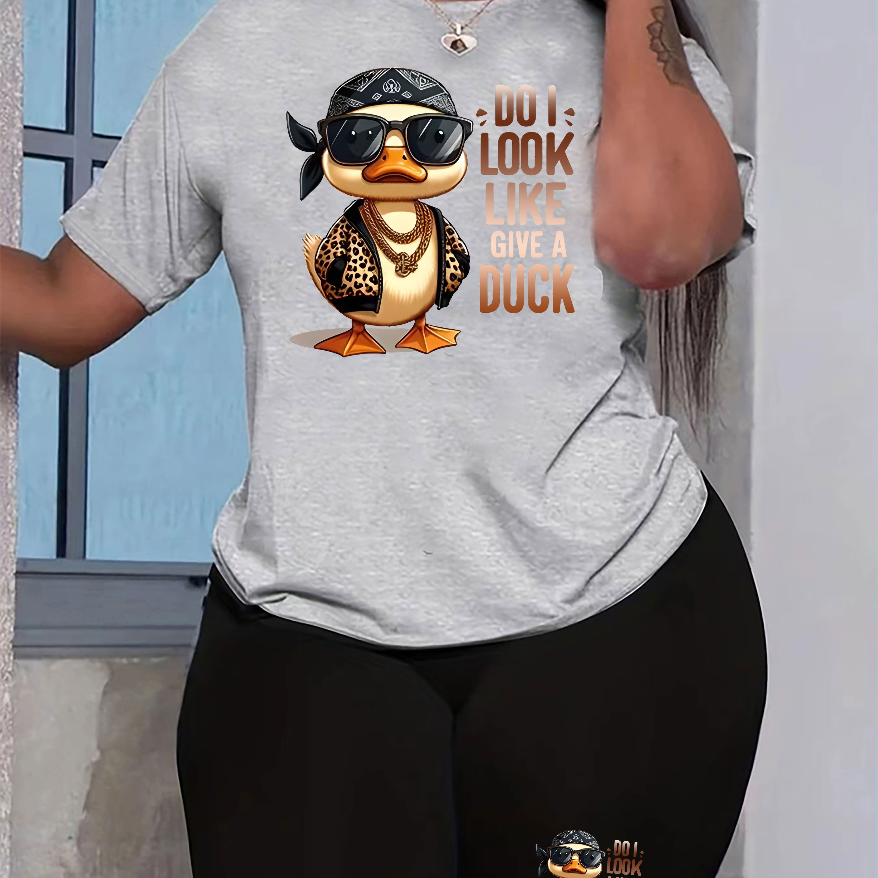 

Plus Size Cartoon Duck Print Two-piece Set, Crew Neck Short Sleeve Top & Shorts Outfits, Women's Plus Size clothing