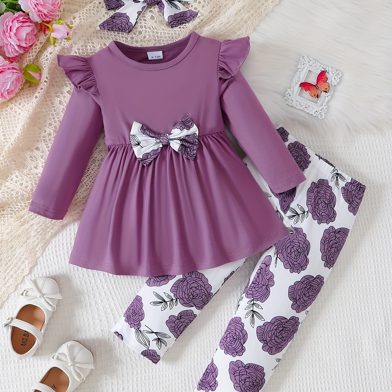 

Casual Girl's Cute 3pcs Outfits, Toddler's Long-sleeved Flutter Sleeve Bow Dres Top + Flower Print Pants + Headscarf Set