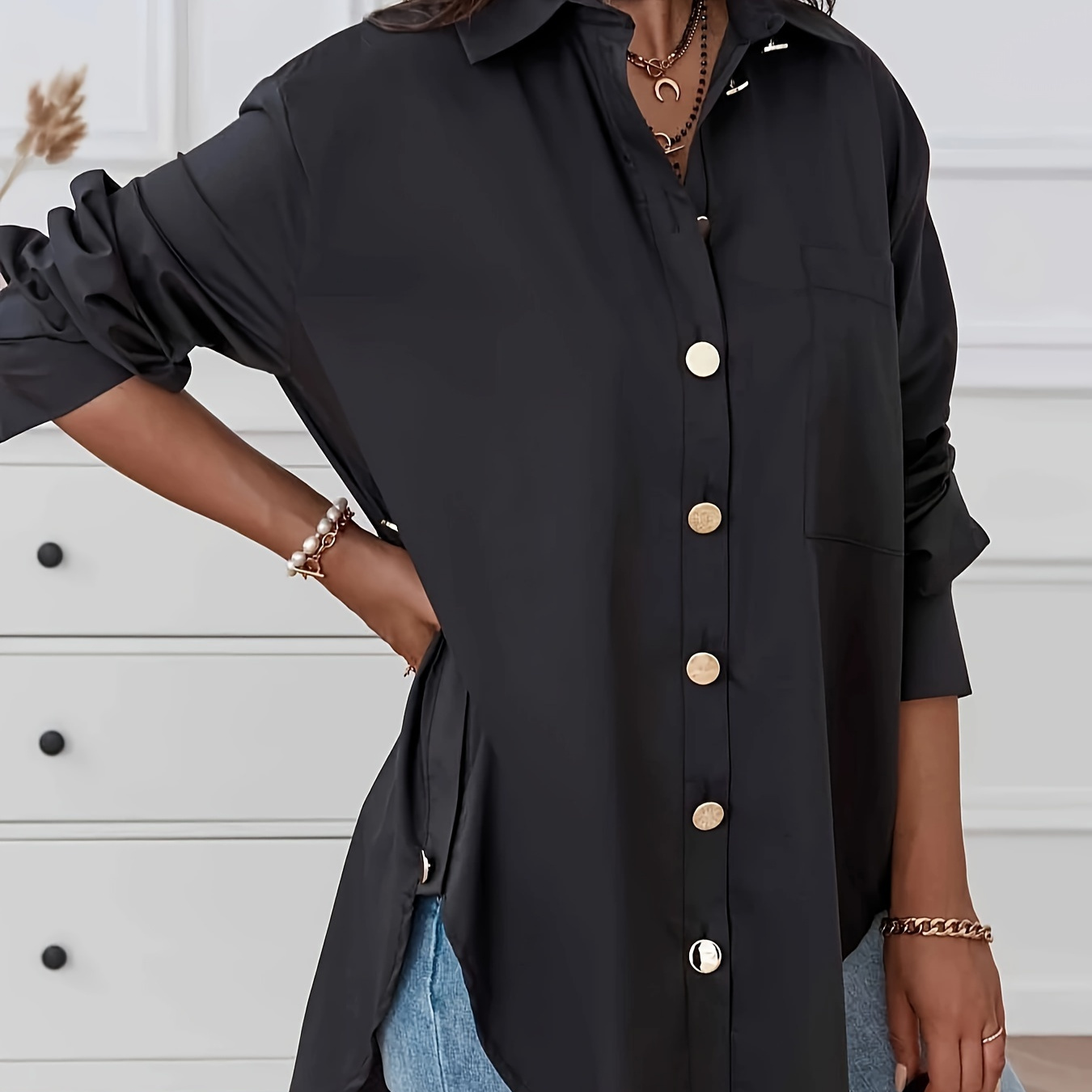 

Chemise Boutonnée De Couleur Unie Sur Le Devant, Chemise Décontractée À Manches Longues Pour Et , Vêtements Pour Femmes