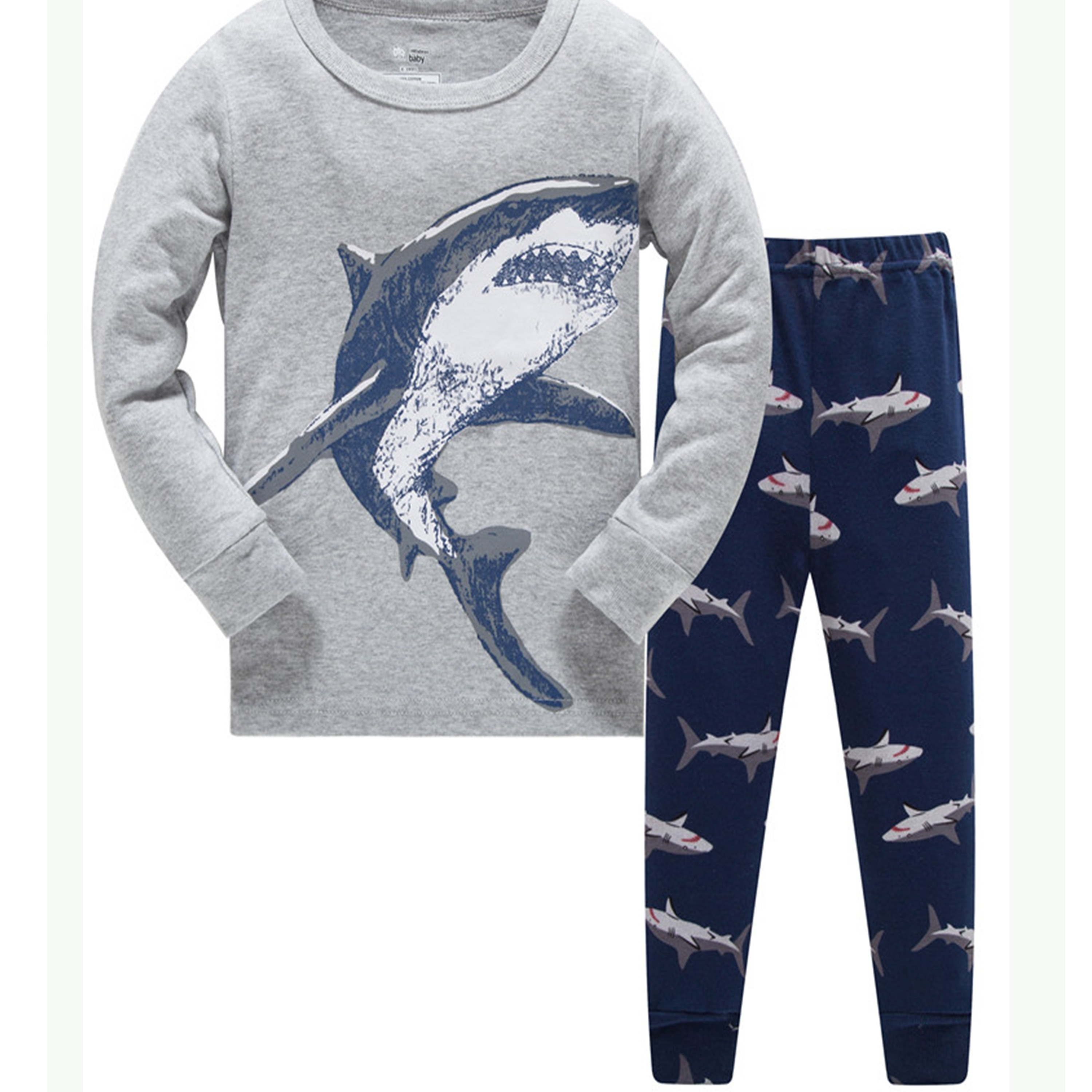 

Boys 2-piece Trendy Pajama Sets Cartoon Shark Pattern Round Neck Long Sleeve Top & Matching Pants Comfy Casual Pj Sets