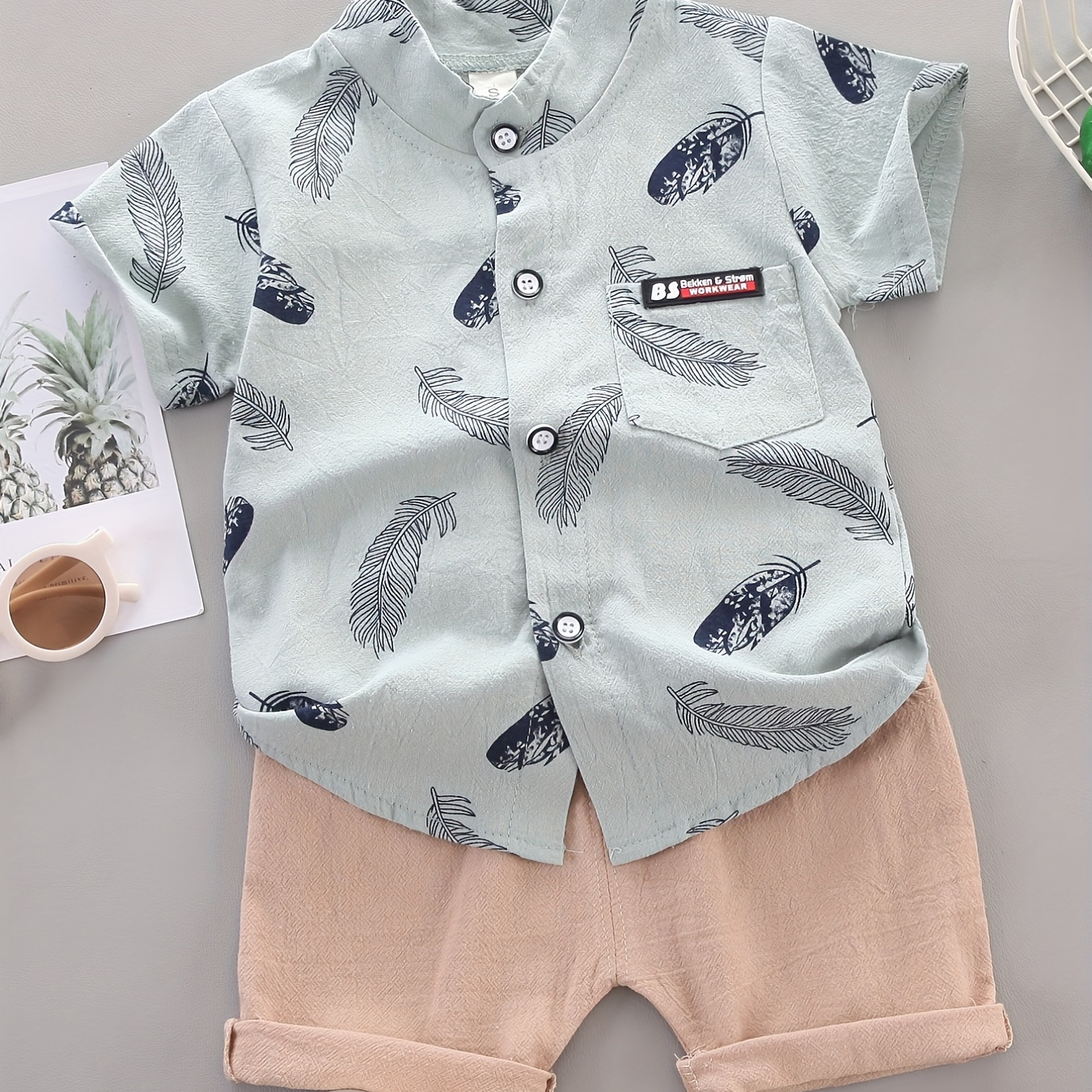 

Baby Boys Casual Outfit - Feather Pattern Short Sleeve Shirt & Shorts - Kids 2pcs Set