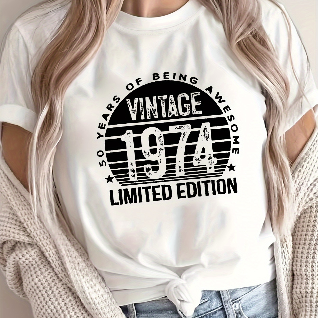 

1974 Print Crew Neck T-shirt, Short Sleeve Casual Top For Summer & Spring, Women's Clothing