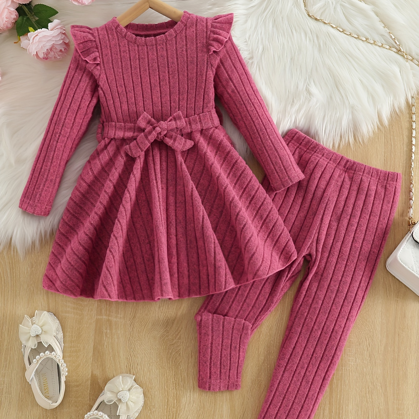 

2pcs/set Ribbed Long Peplum Top + Pants Co-ords Set - Girl's / Fall Outfit