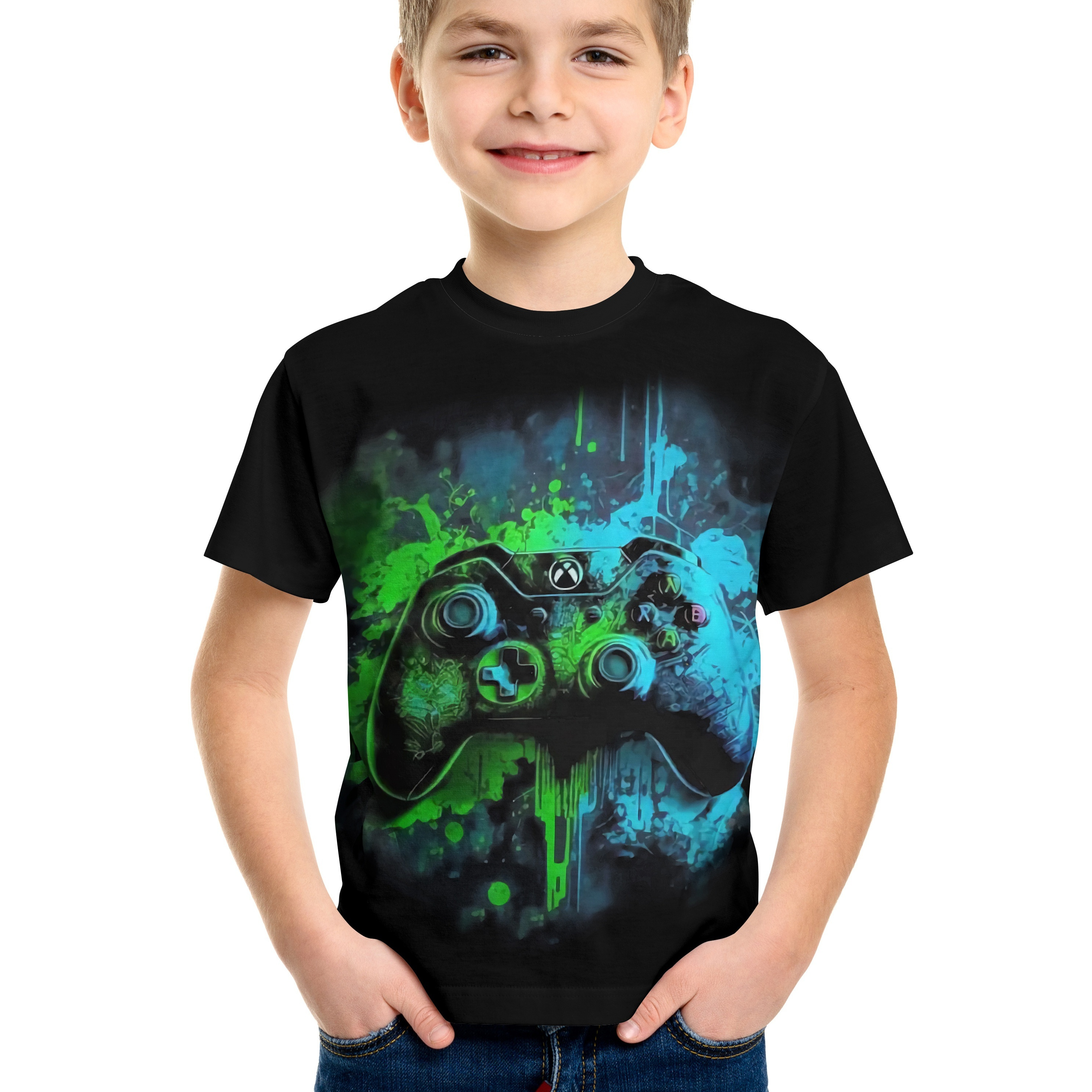 

Game Controller In Color Paint Print Tee Tops, Boys Round Neck Casual Short Sleeve Comfortable Soft Premium T-shirt