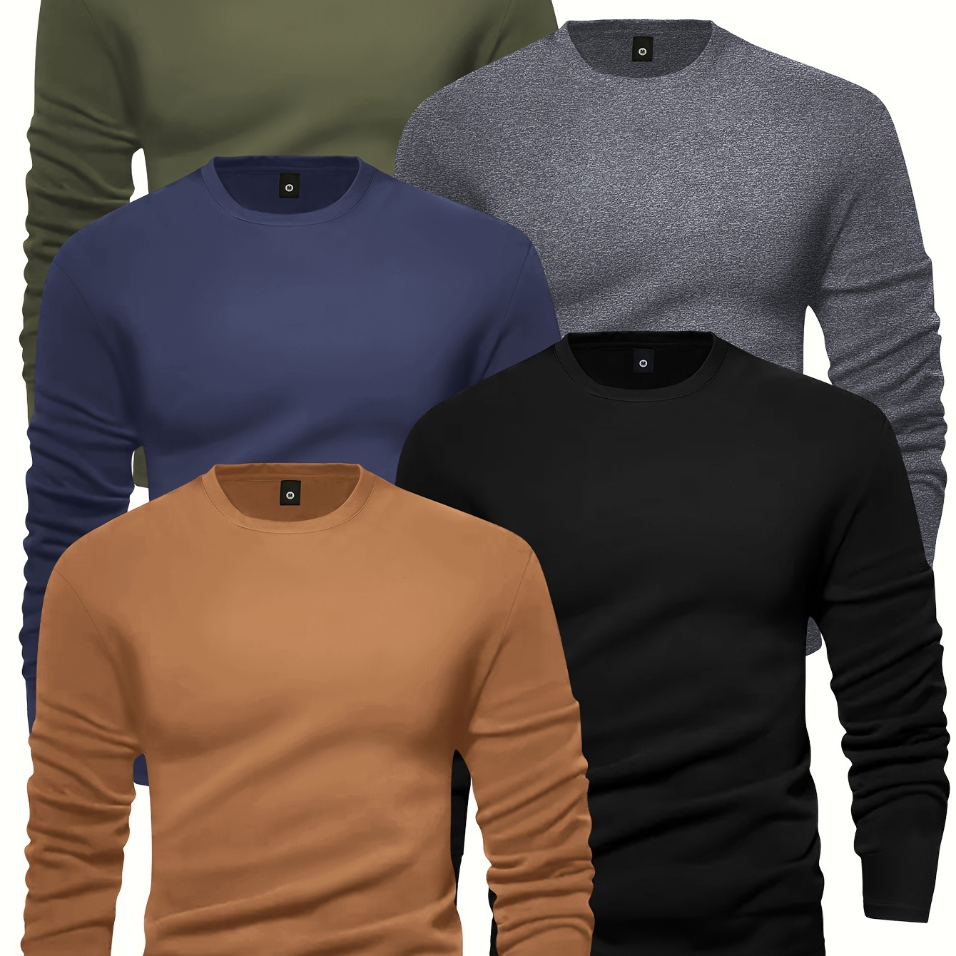 

5pcs Men's Long Sleeve Crew Neck T-shirts, 95% Polyester 5% Elastane Knit Fabric, Solid Tops For Casual Running - Regular Fit, Workout Shirts