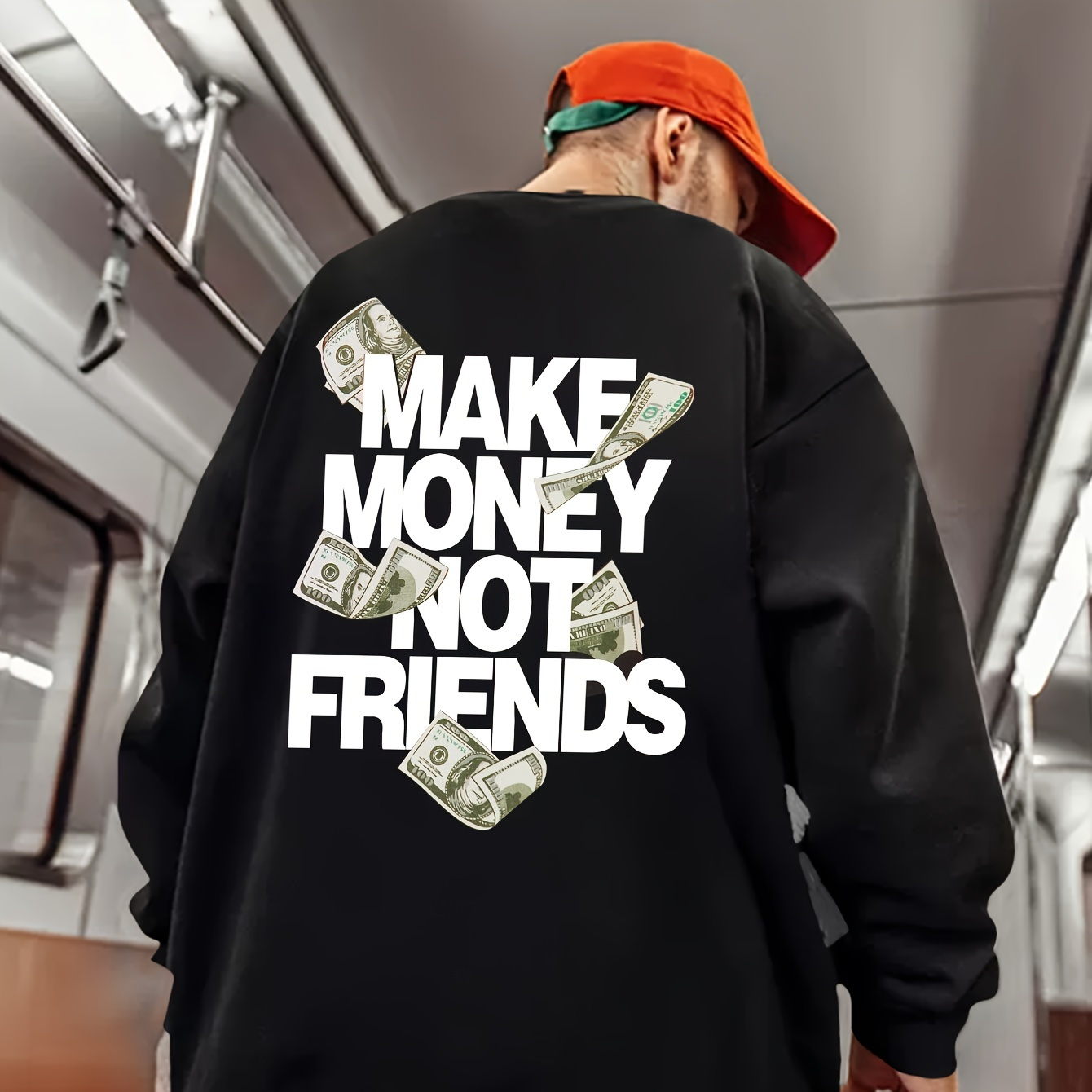 

Make Money Not Friends Printed Men's Comfortable Versatile Sweatshirt With Long Sleeves, Trendy Regular Fit Clothing For Male Autumn & Winter Outdoor Wear, As A Gift