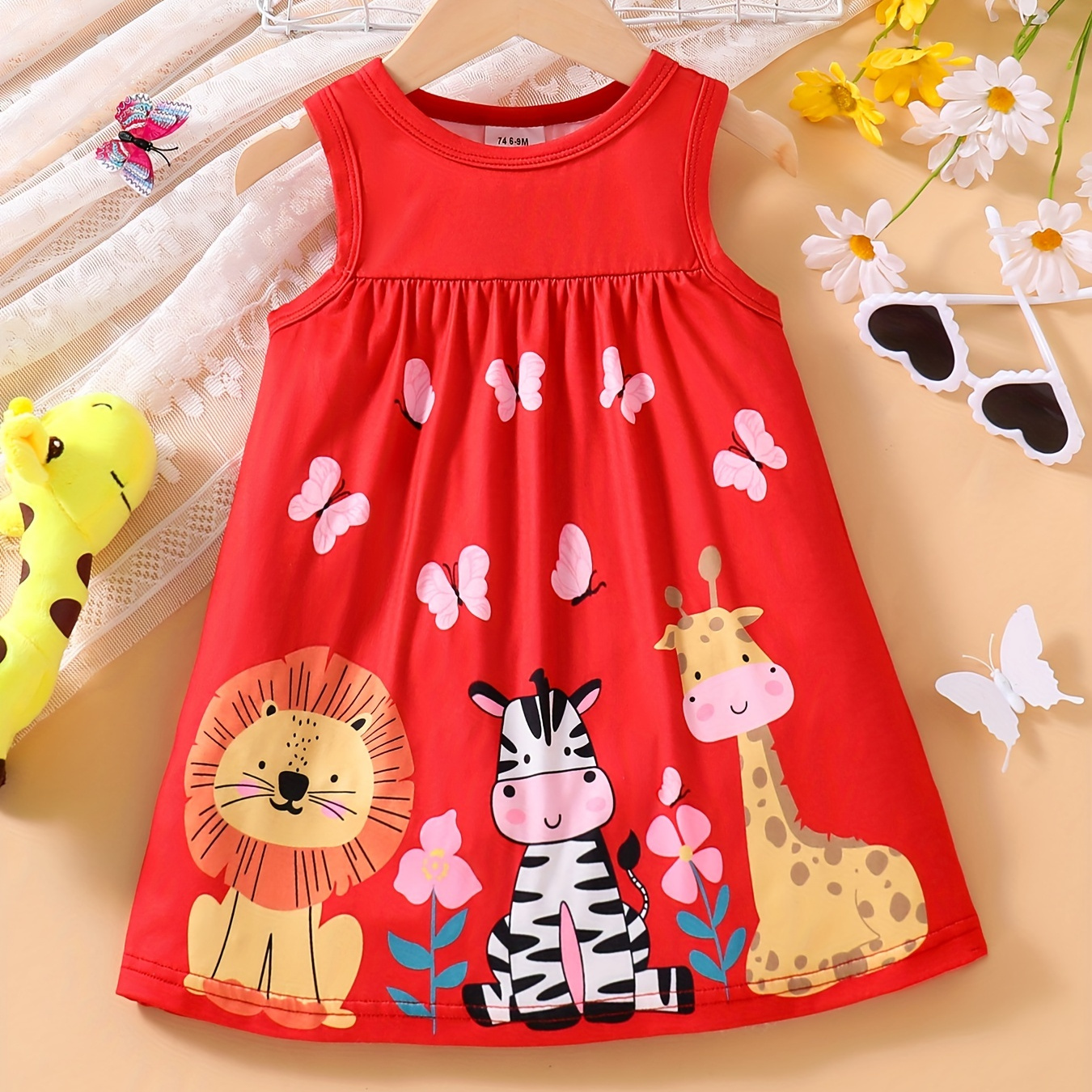 

Baby's Casual Cartoon Zebra Lion Giraffe Pattern Sleeveless Dress, Infant & Toddler Girl's Clothing For Summer/spring, As Gift
