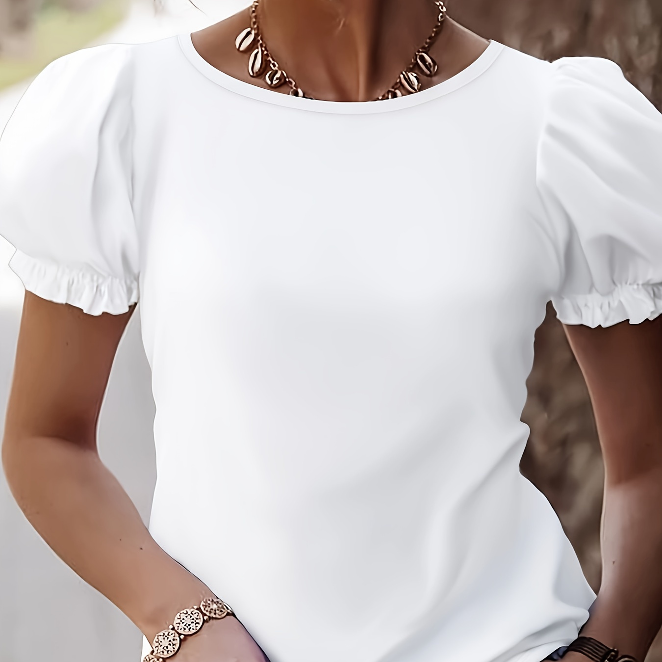 

Contrast Lace Backless Top, Chic Short Puff Sleeve Crew Neck Tied Top, Women's Clothing