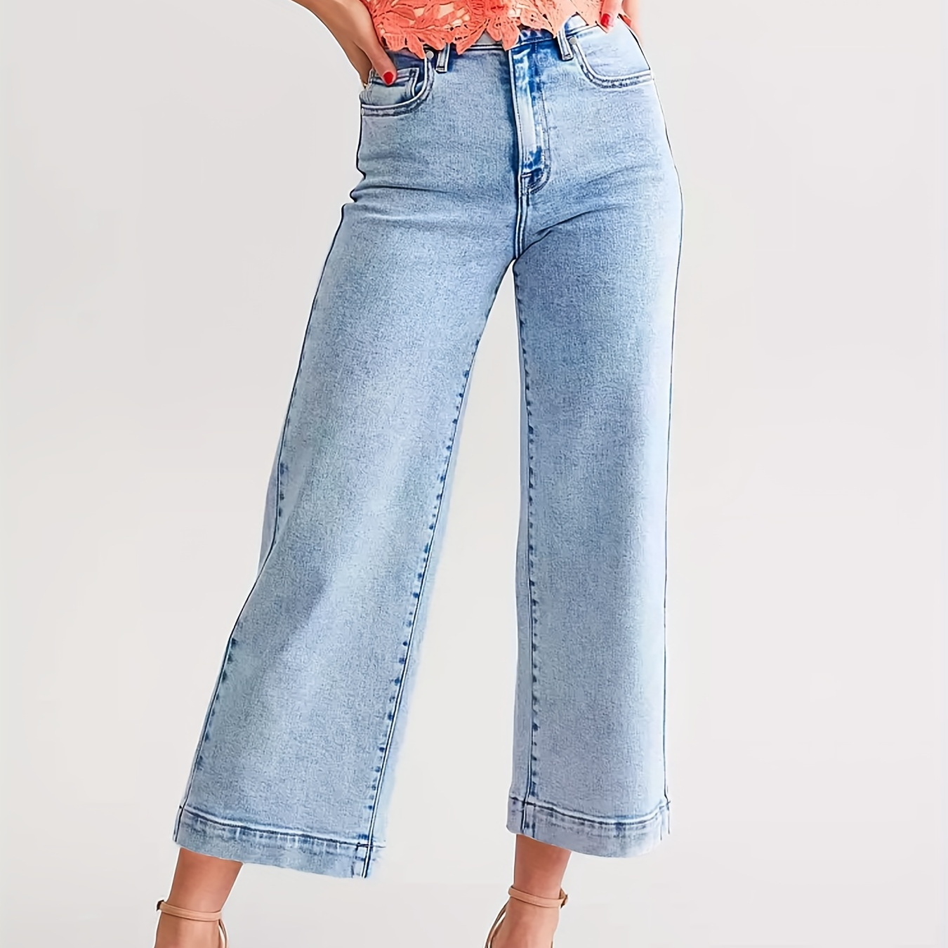 

Women's Casual High-waisted Wide-leg Cropped Jeans, Fashionable Versatile Denim Pants, Light Wash