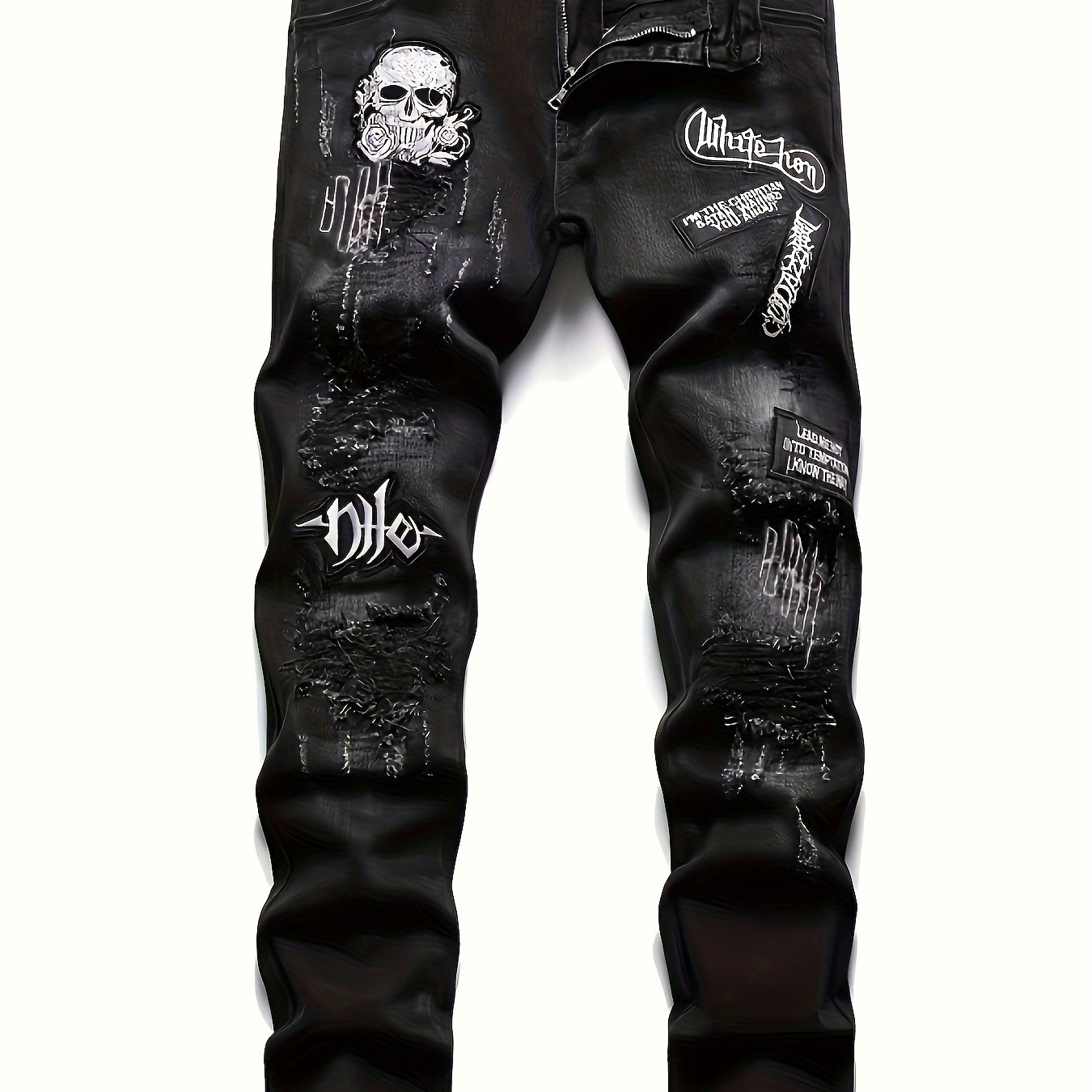 

Men's Casual Skull Embroidery Jeans, Street Style Stretch Denim Pants