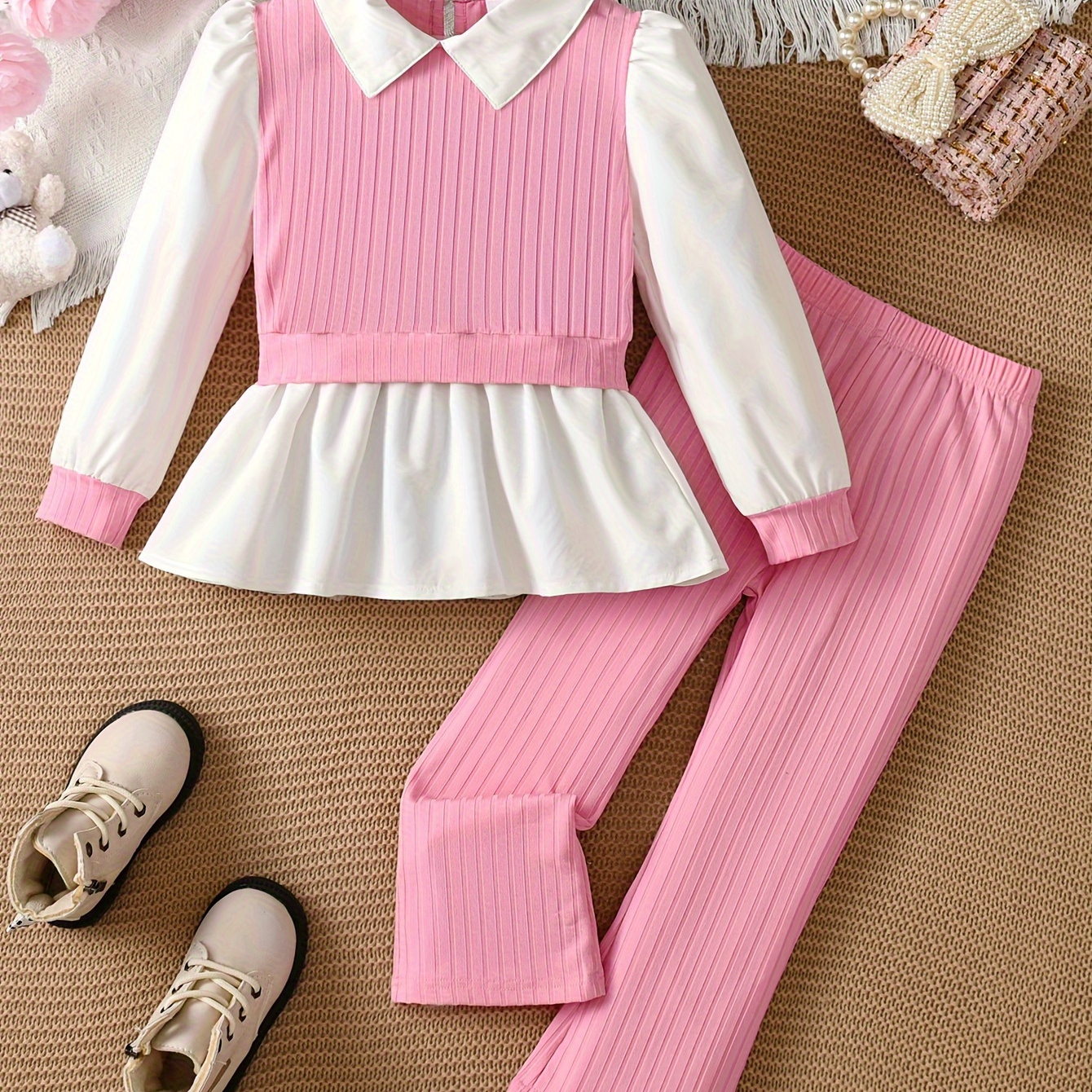 

2pcs Splicing Lapel Top + Trousers Set For And ,