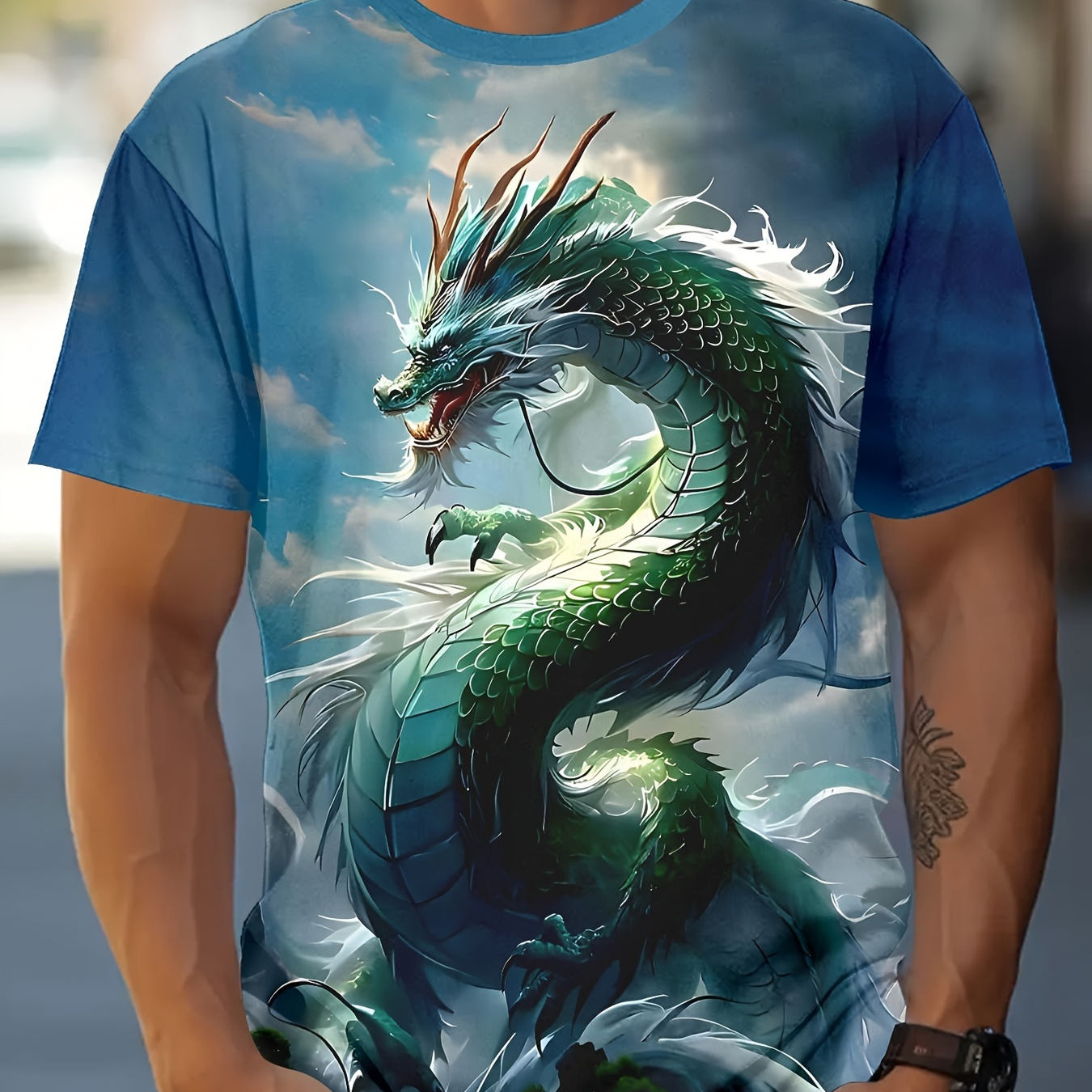 

T-shirt Imprimé Dragon Pour Hommes, Tee-shirt Décontracté À Manches Courtes Et Col Rond, Vêtements Pour Hommes Pour L'extérieur