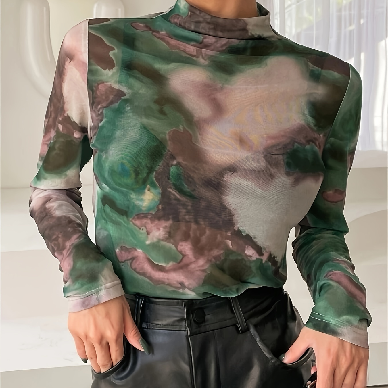 

Tie Dye Long Sleeve T-shirt, Casual Mock Neck Top For Spring & Fall, Women's Clothing